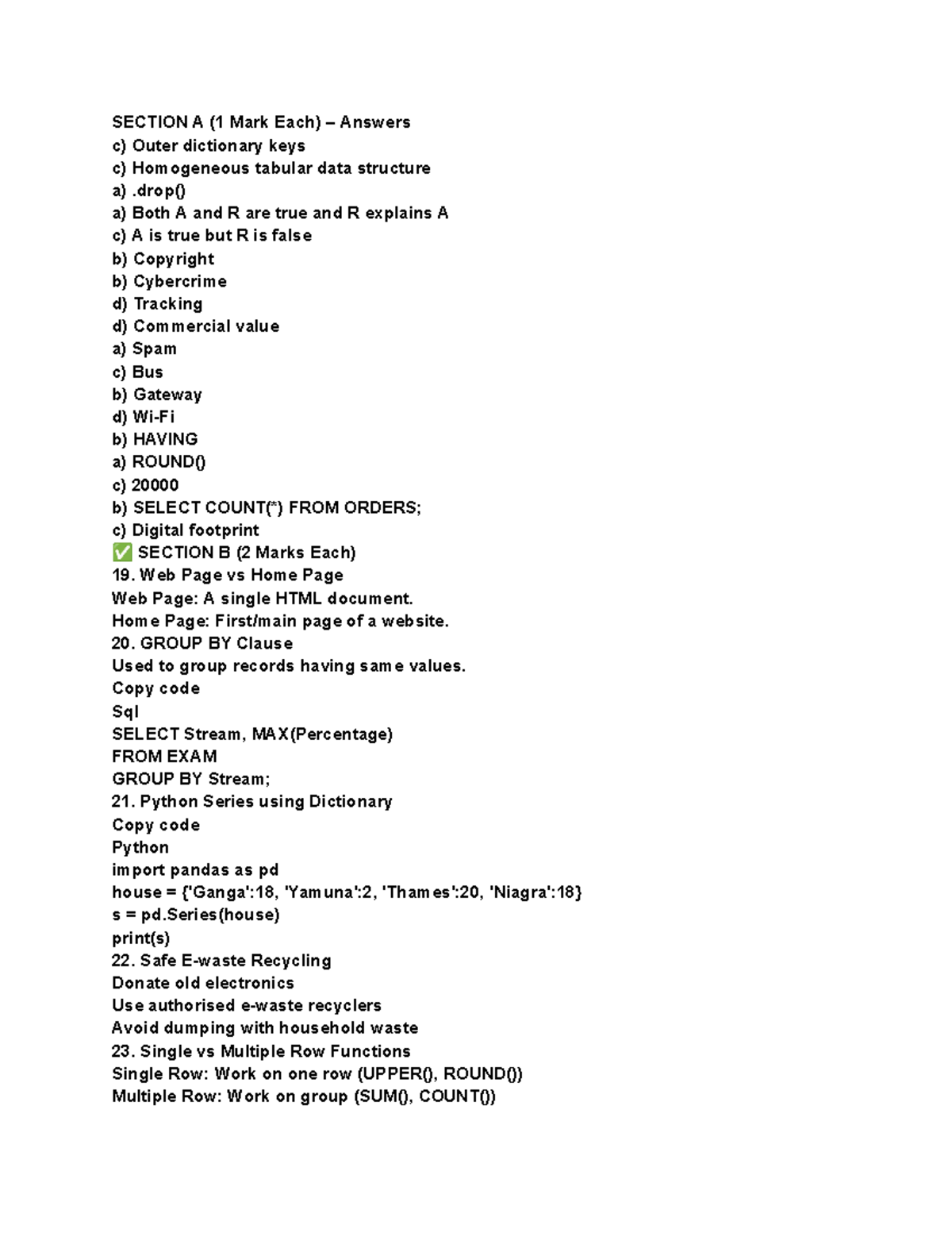 CBSE Training: SQL & Python Concepts - Section A to D Answers - Studocu