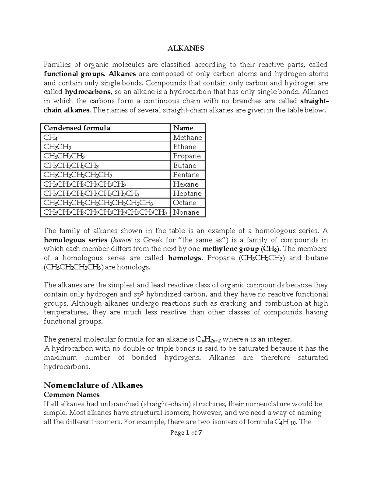 Alkanes - This are notes from the lecture - ALKANES Families of organic ...
