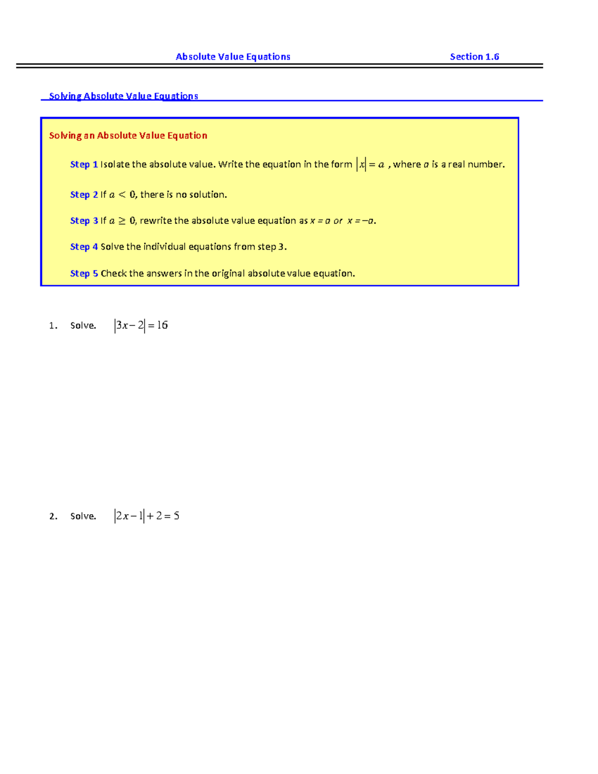 MATH 101 Lecture Notes: Solving Absolute Value Equations - Studocu