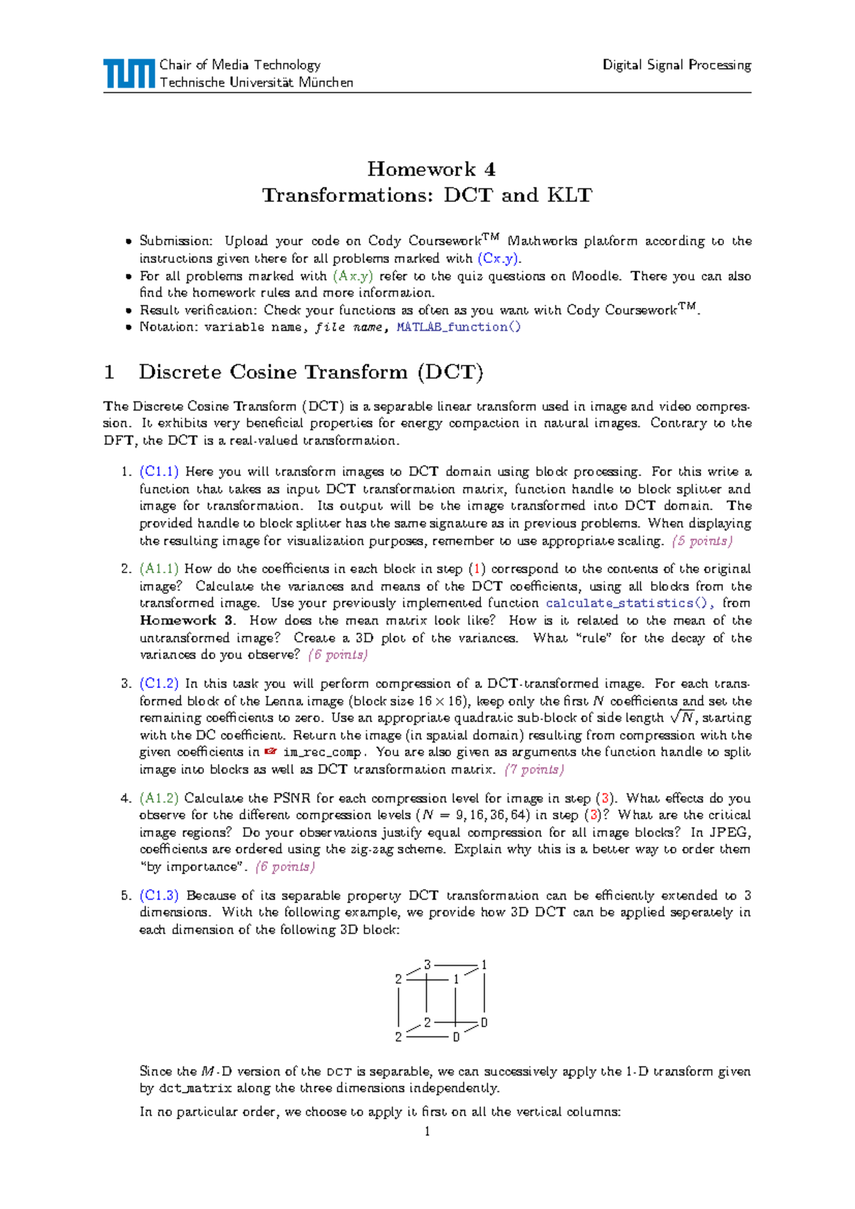 Digital Signal Processing HW4: DCT and KLT Transformations - Studocu