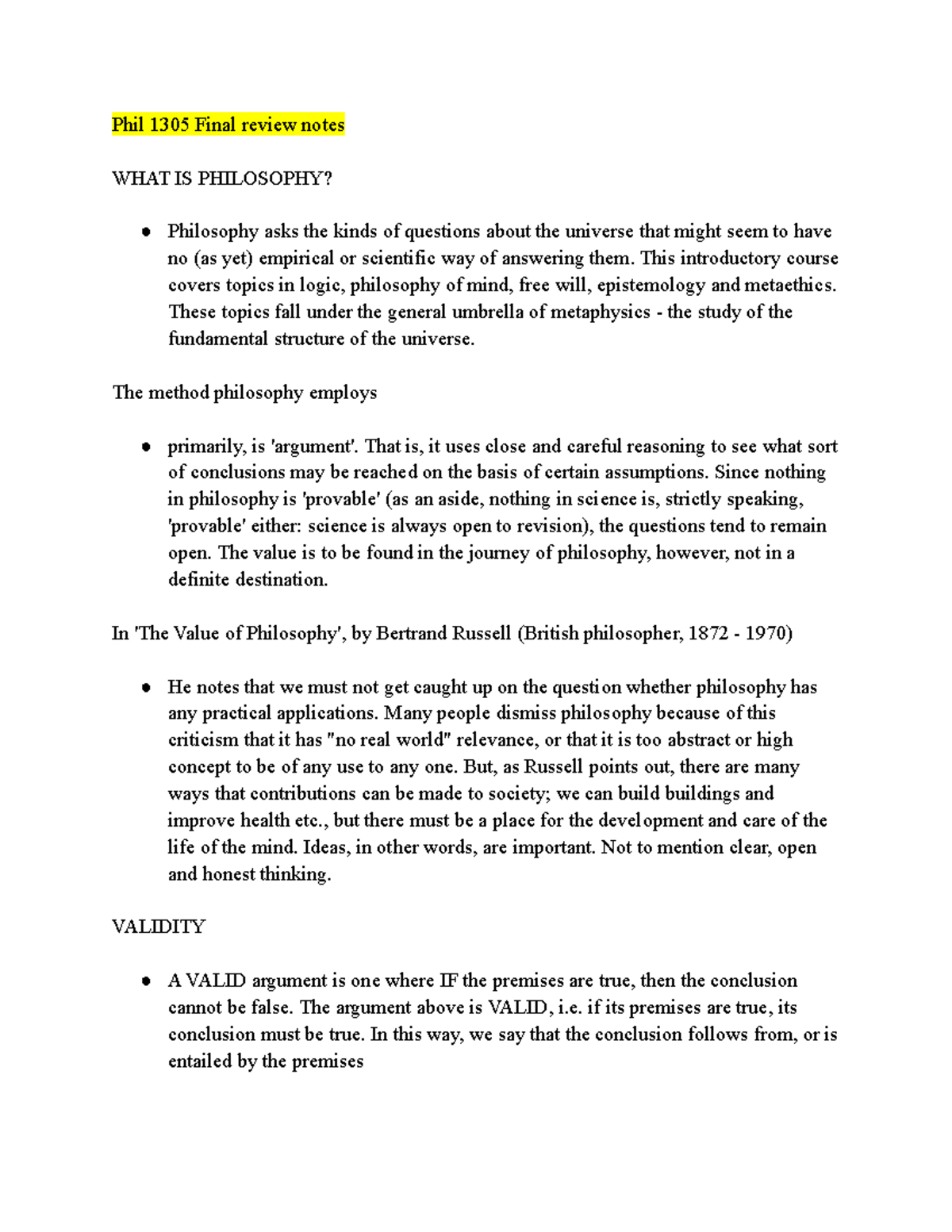 PHIL 1305 Final Exam Review: Key Concepts in Philosophy and Logic - Studocu