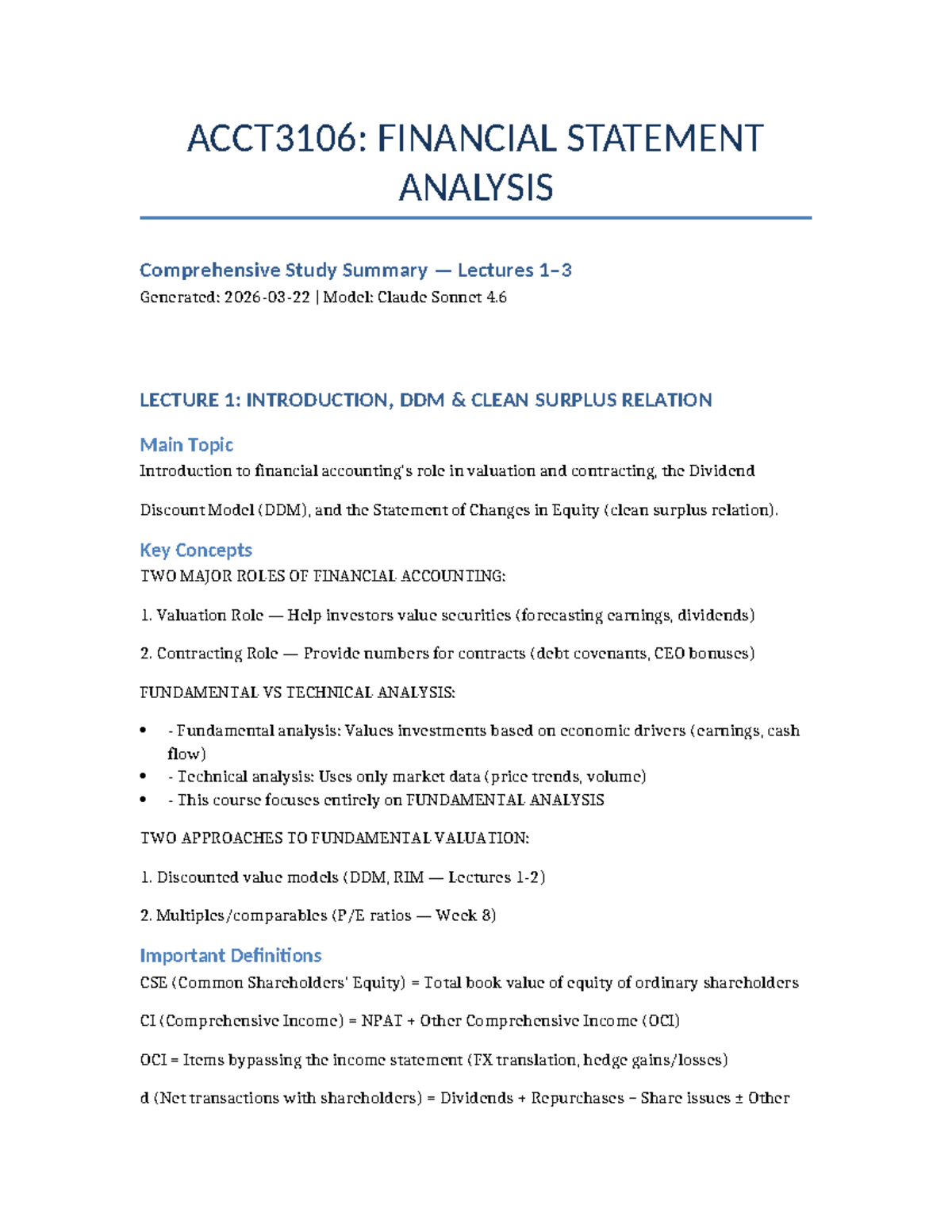 ACCT3106: Financial Statement Analysis Lecture 1-3 Summary - Studocu