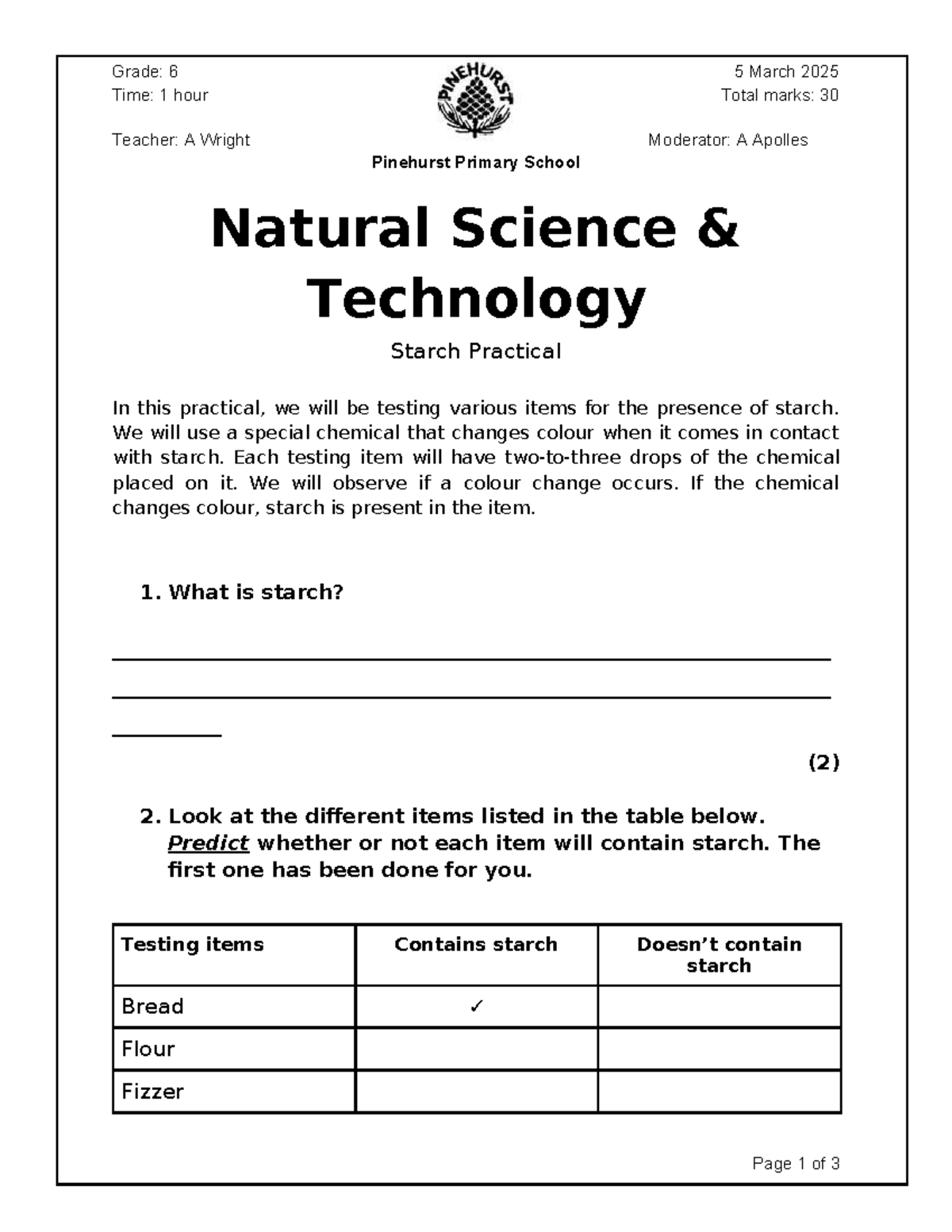 Starch Practical for Grade 6 - Testing for Starch Presence - Studocu
