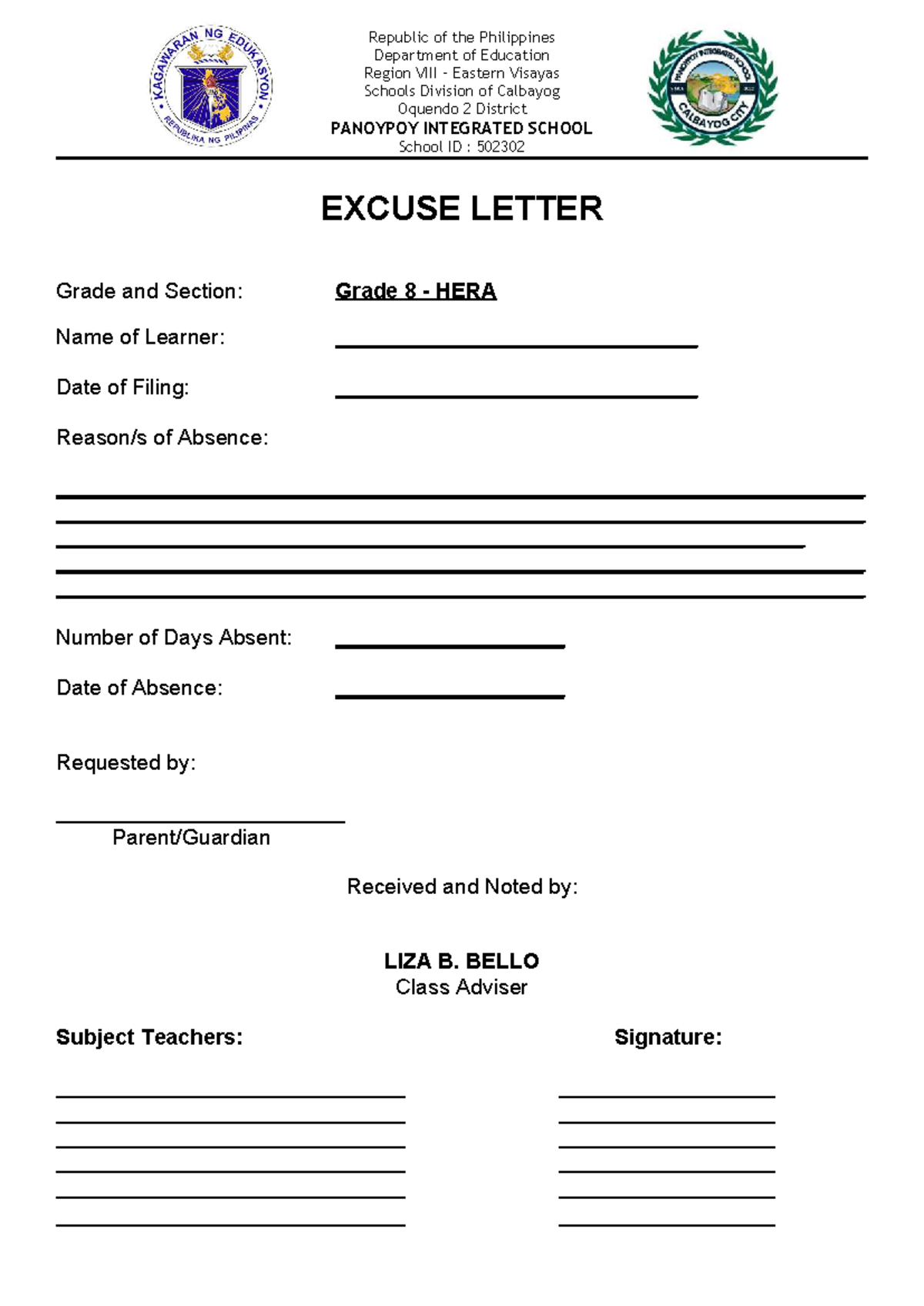 Excuse- Letter - Republic of the Philippines Department of Education ...