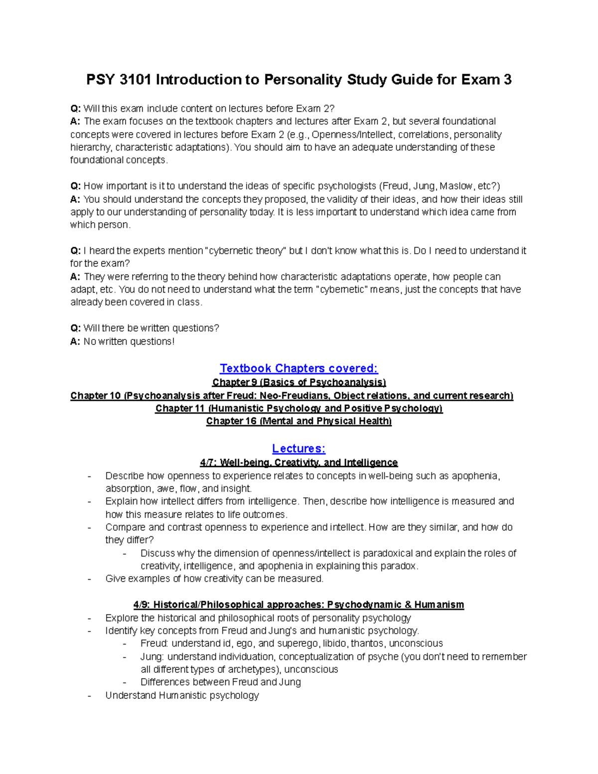 PSY 3101 Spring 2025 Study Guide for Exam 3 on Personality Psychology ...