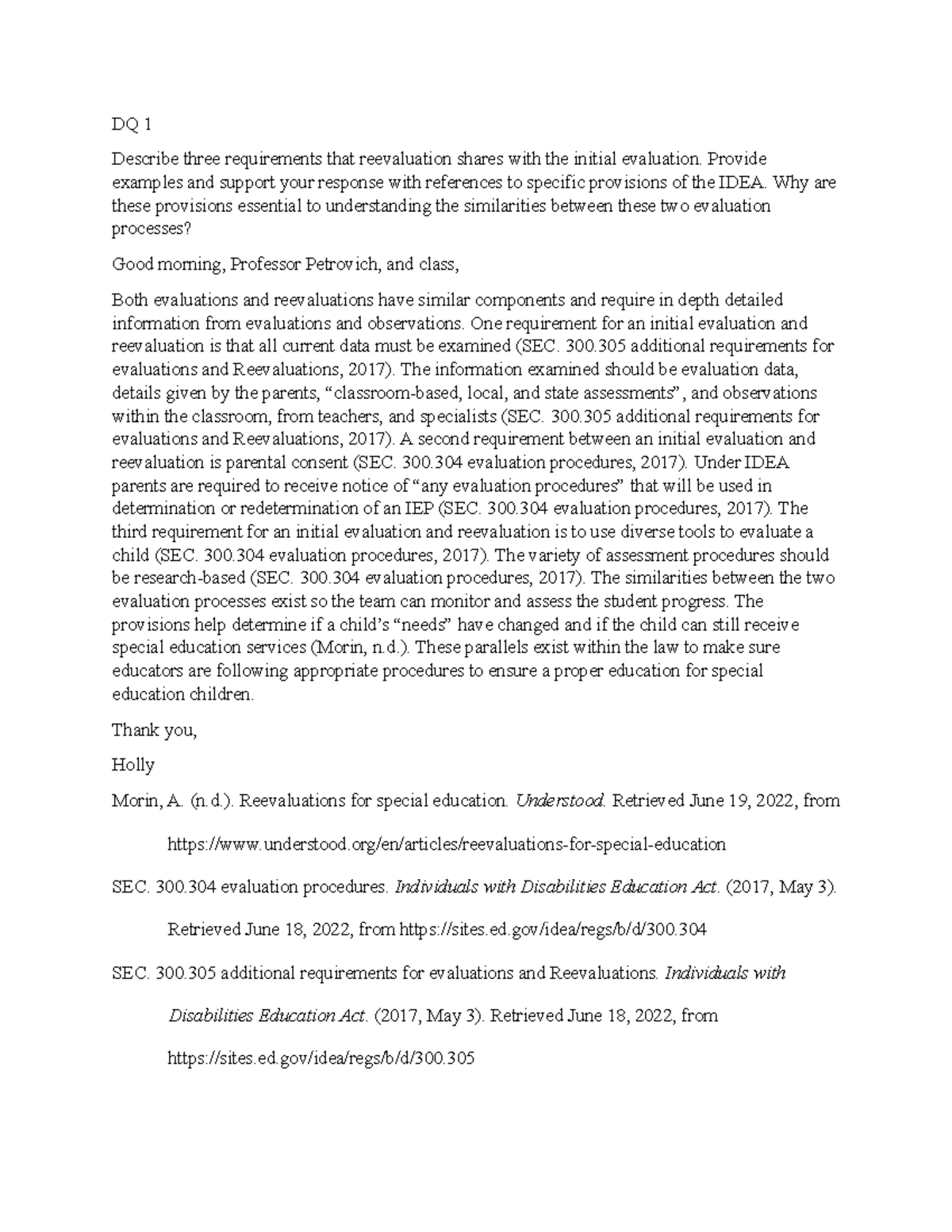 DQ Week 8 - SPD-320: Evaluation and Reevaluation in Special Education ...