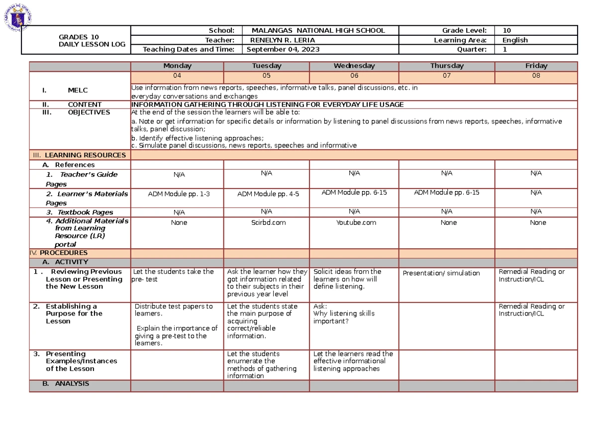 CSS DLL W1 - Daily Lesson Log for Computer Systems Servicing - Studocu
