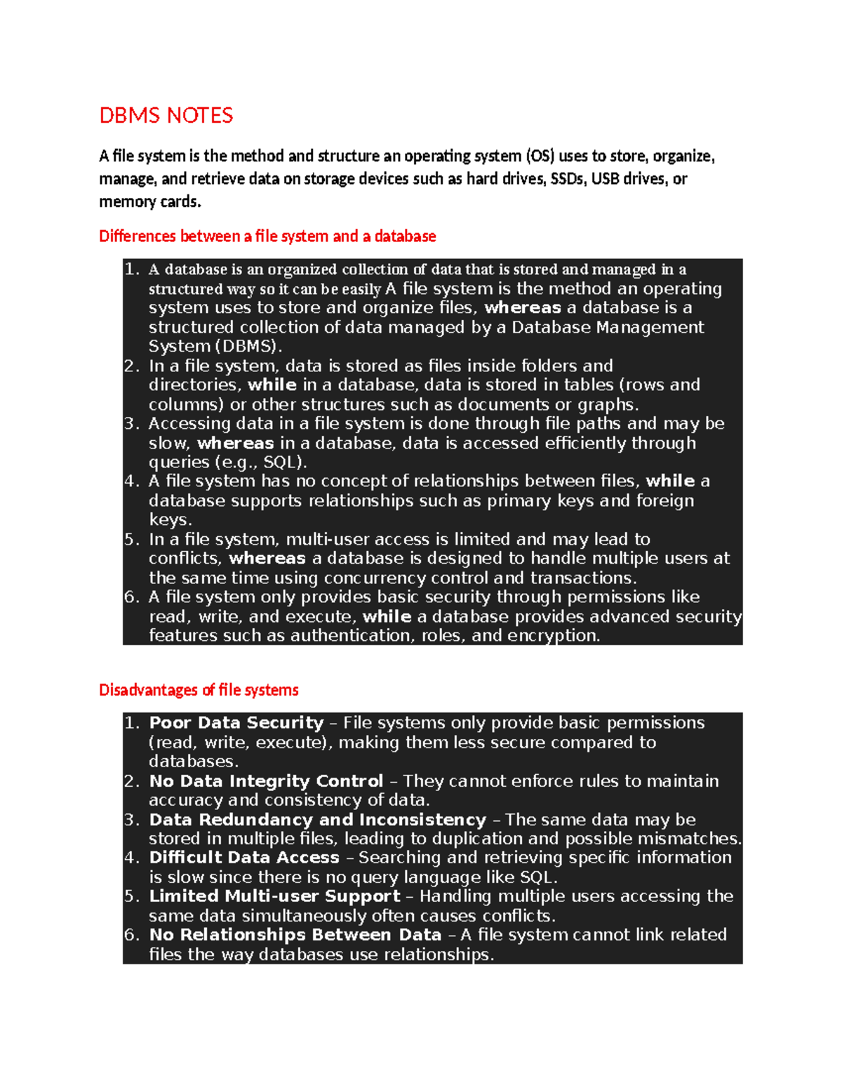 DBMS NOTES: Understanding File Systems vs. Databases - Studocu