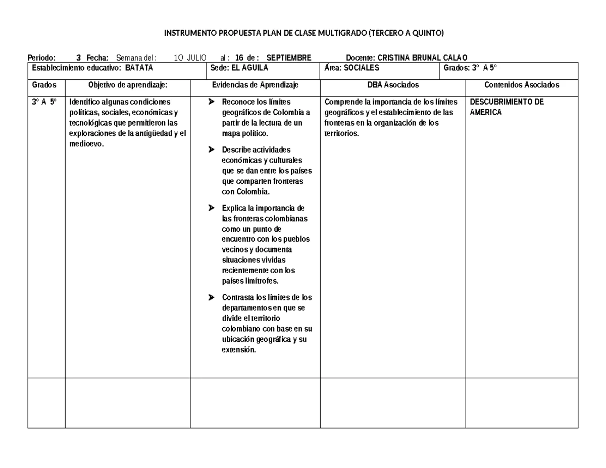 Formato Plan de Clase Multigrado - Español (1° a 5° Grado) - Studocu