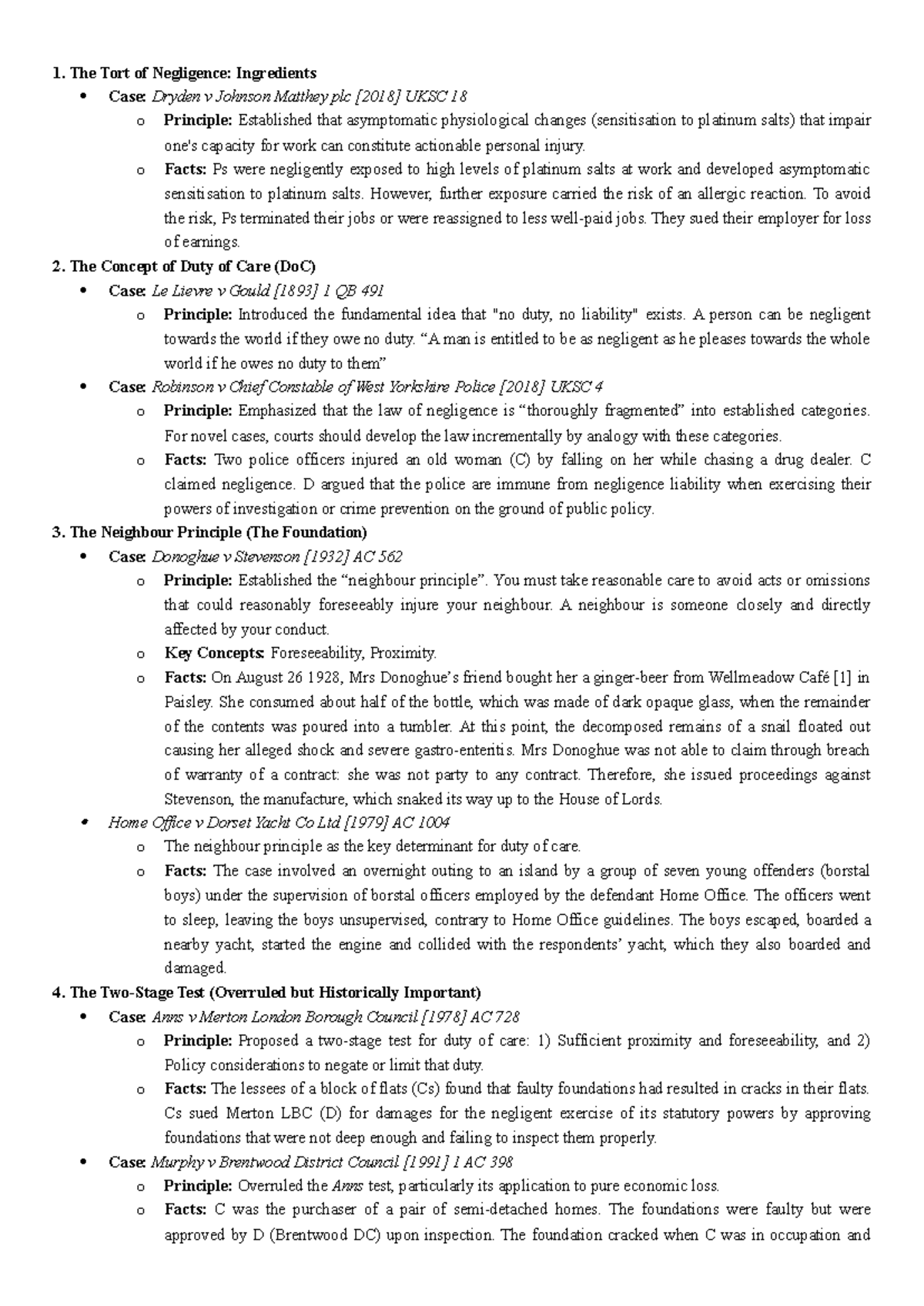Lecture 2 Case Brief Notes: Tort of Negligence & Duty of Care - Studocu