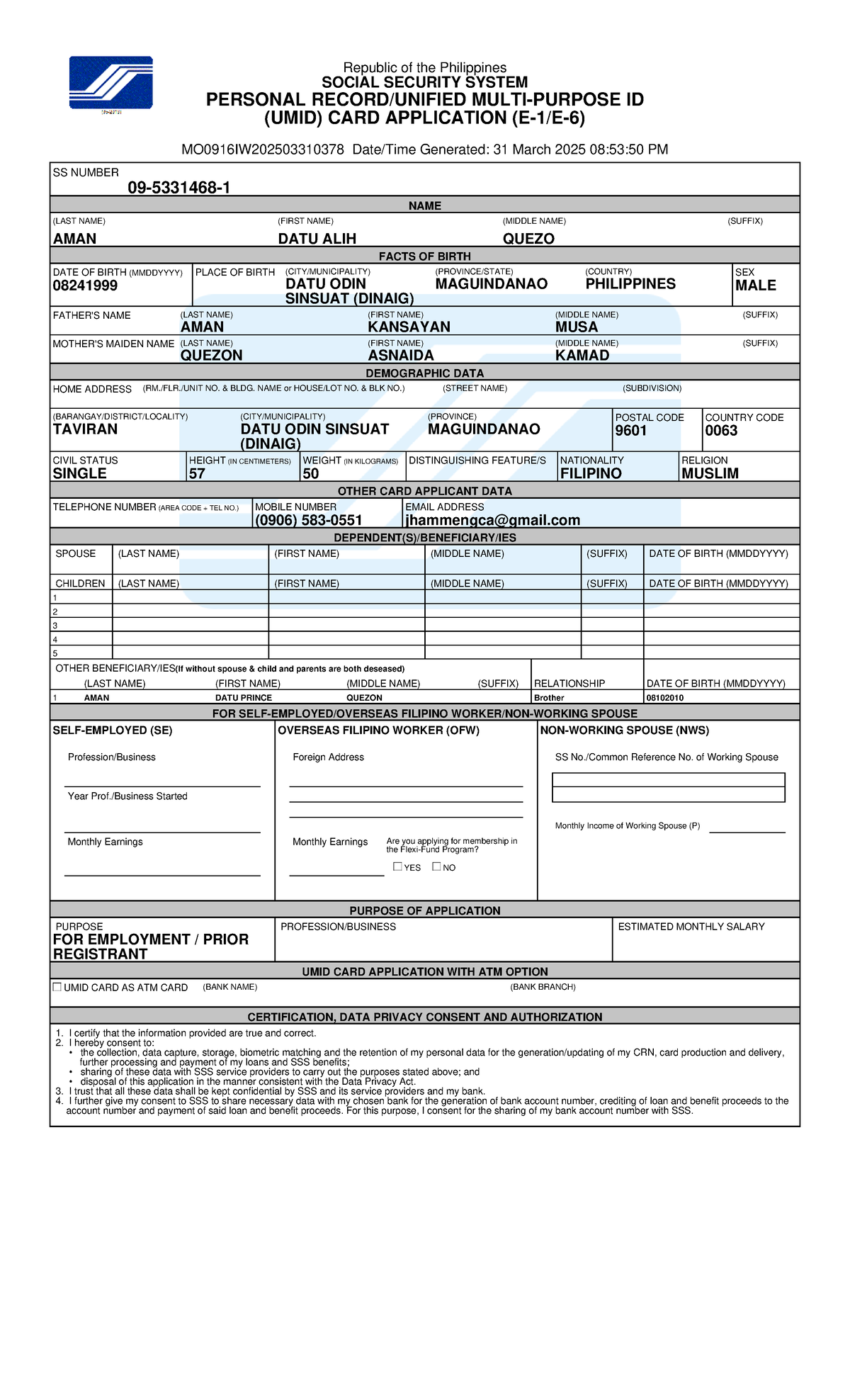 UMID Card Application for Social Security System (MO0916IW202503310378 ...
