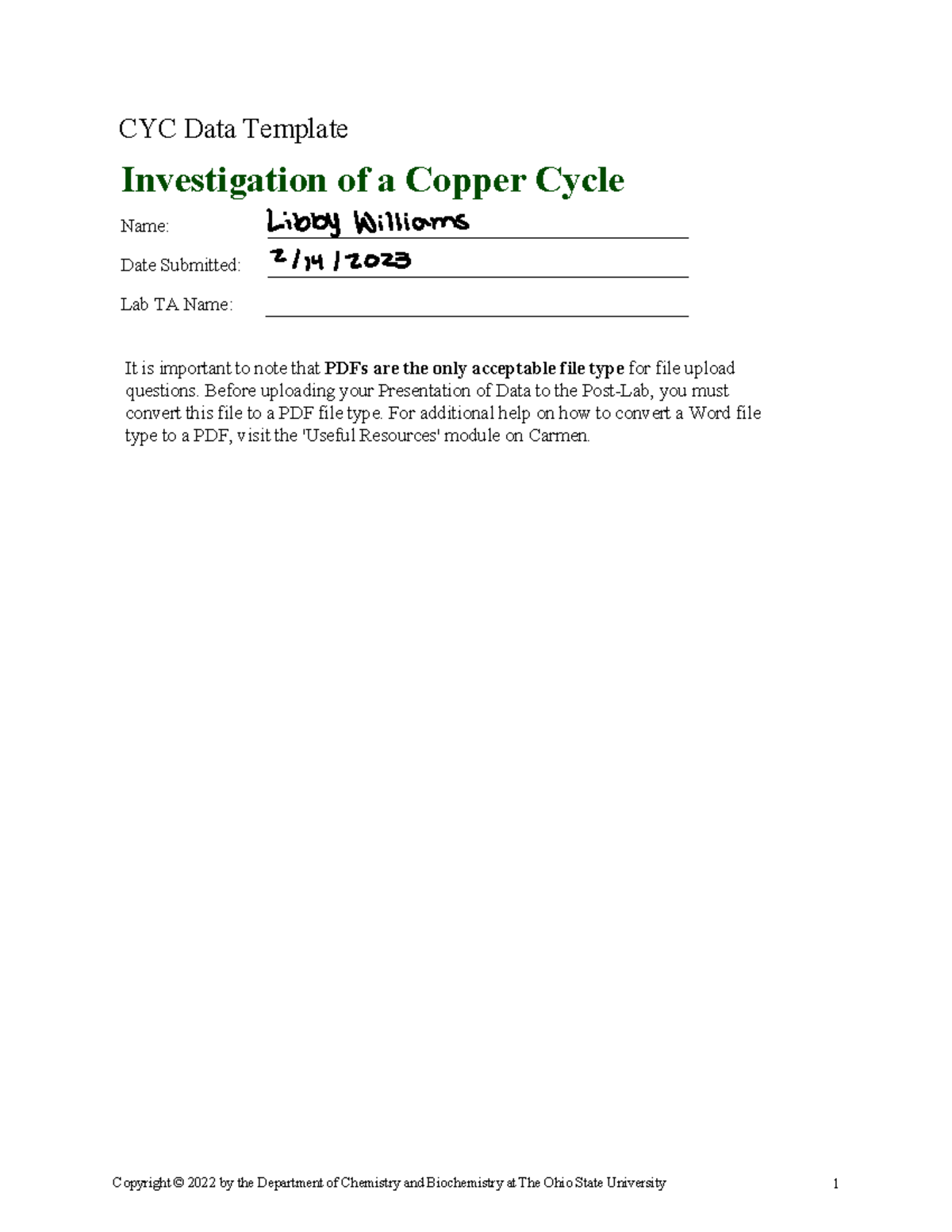 CYC 2022 Copper Cycle Lab Data Template - Completed Notebook - Studocu