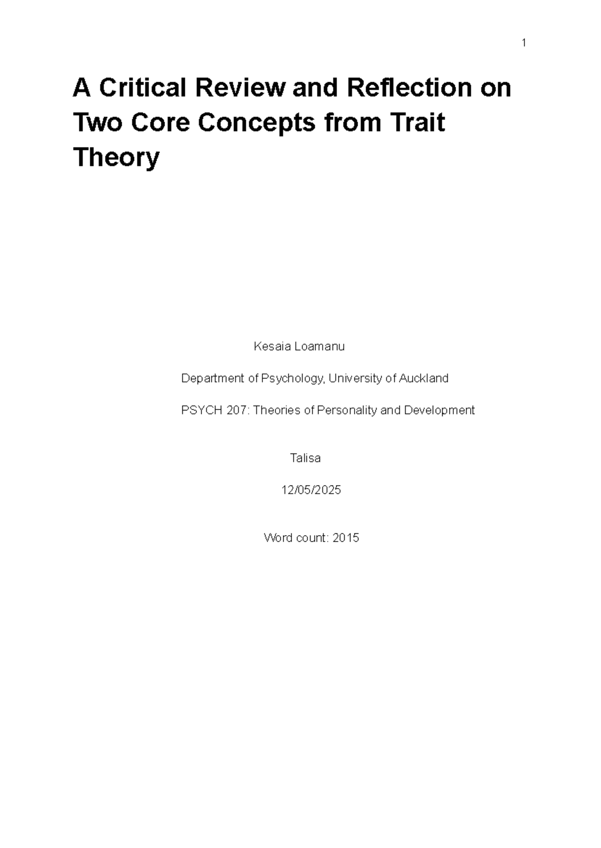 A1 - PSYCH 207: Critical Reflection on Trait Theory Concepts - Studocu