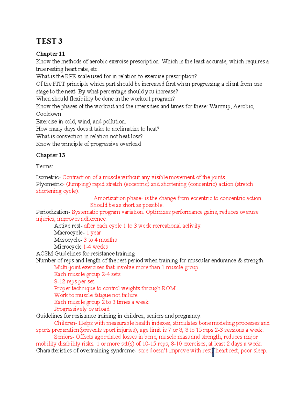 Test 3 Review - KIN 101 Aerobic Exercise & Resistance Training Guide ...