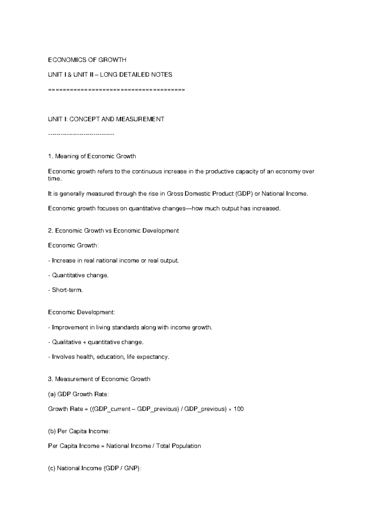 ECON 101: Detailed Notes on Economic Growth (Units I & II) - Studocu