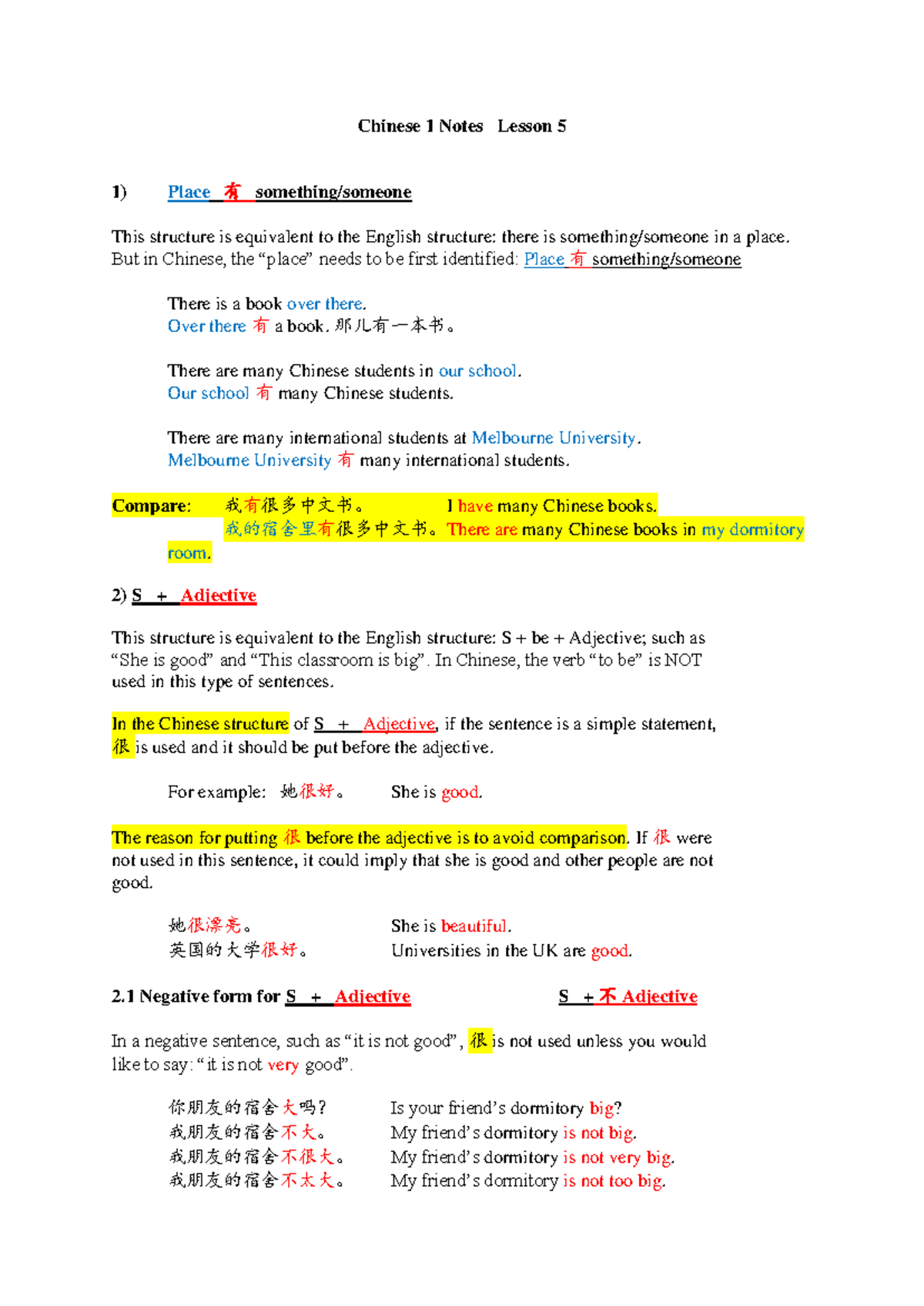 5 notes notes chinese - Chinese 1 Notes Lesson 5 1 ) Place 有 something ...