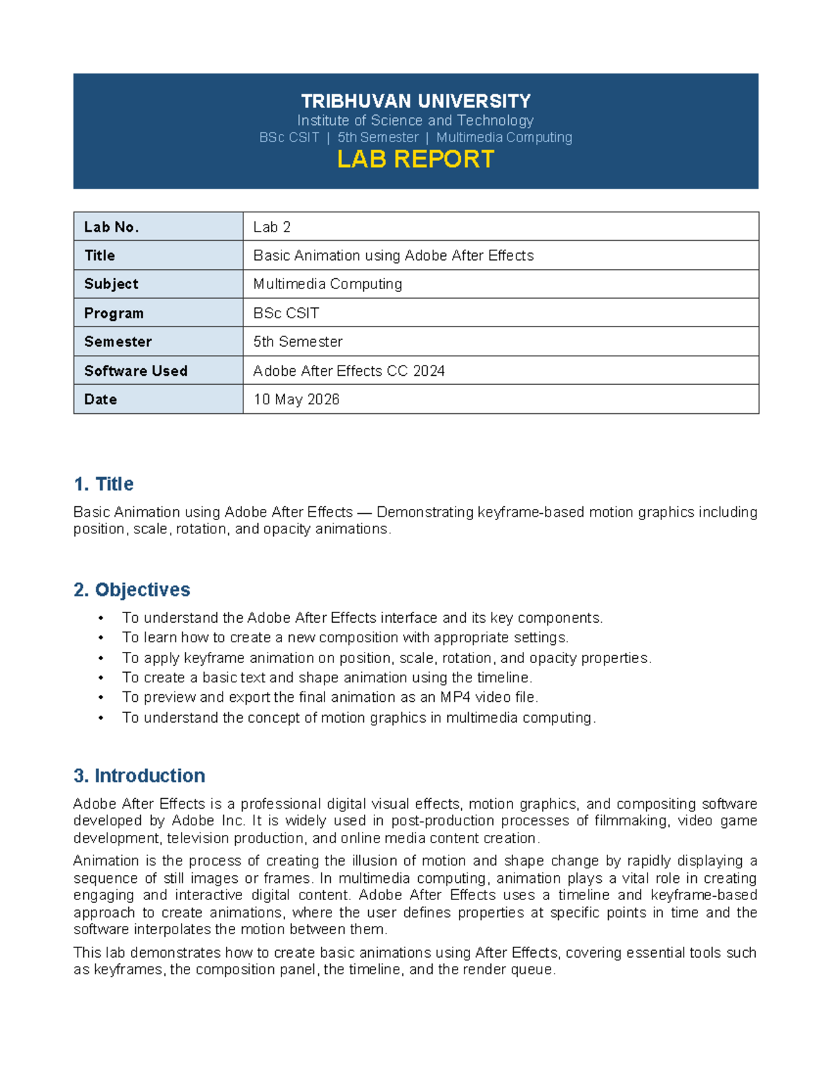 BSc CSIT 5th Sem Lab Report: Basic Animation in After Effects - Studocu