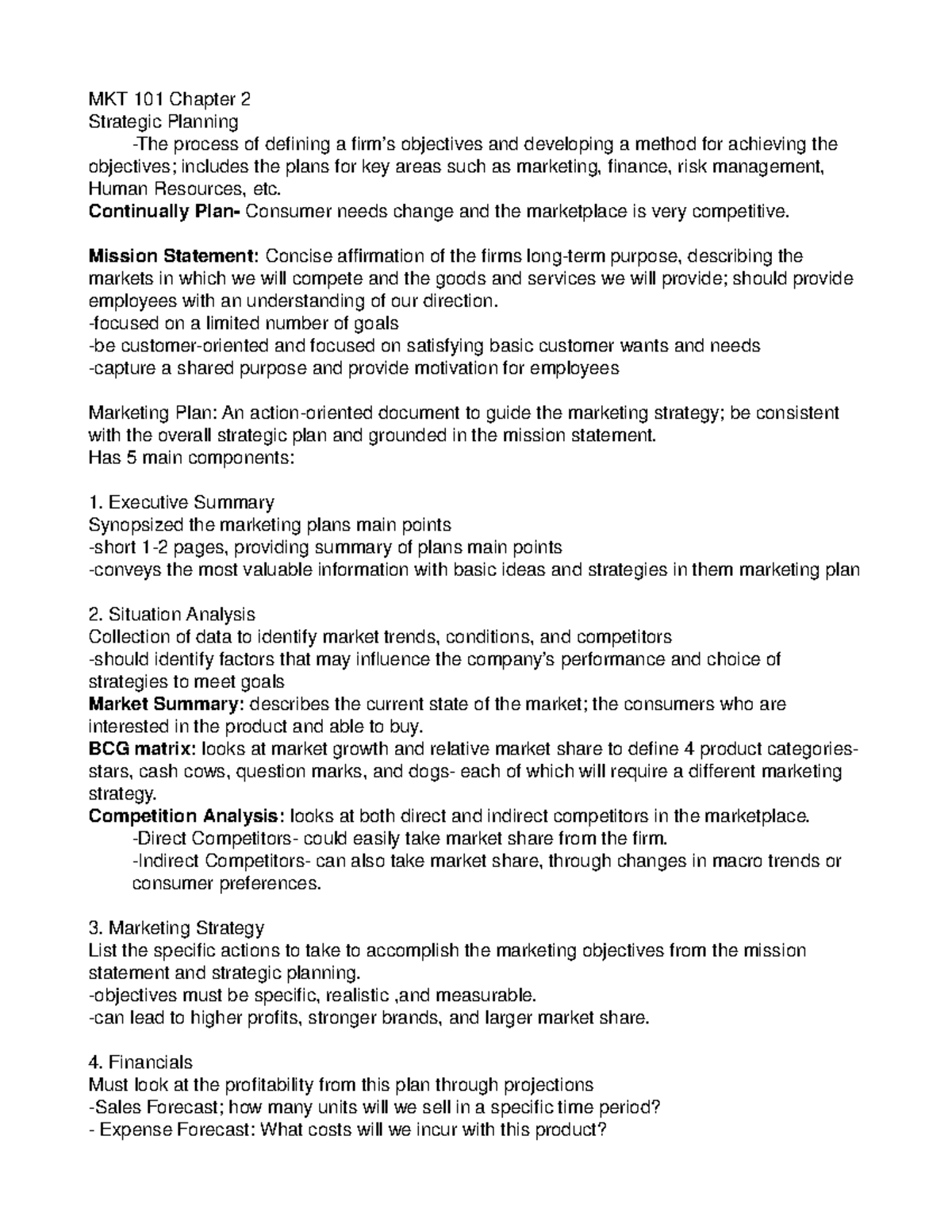MKT 101 Chapter 2 - Lecture notes 2 - MKT 101 Chapter 2 Strategic ...