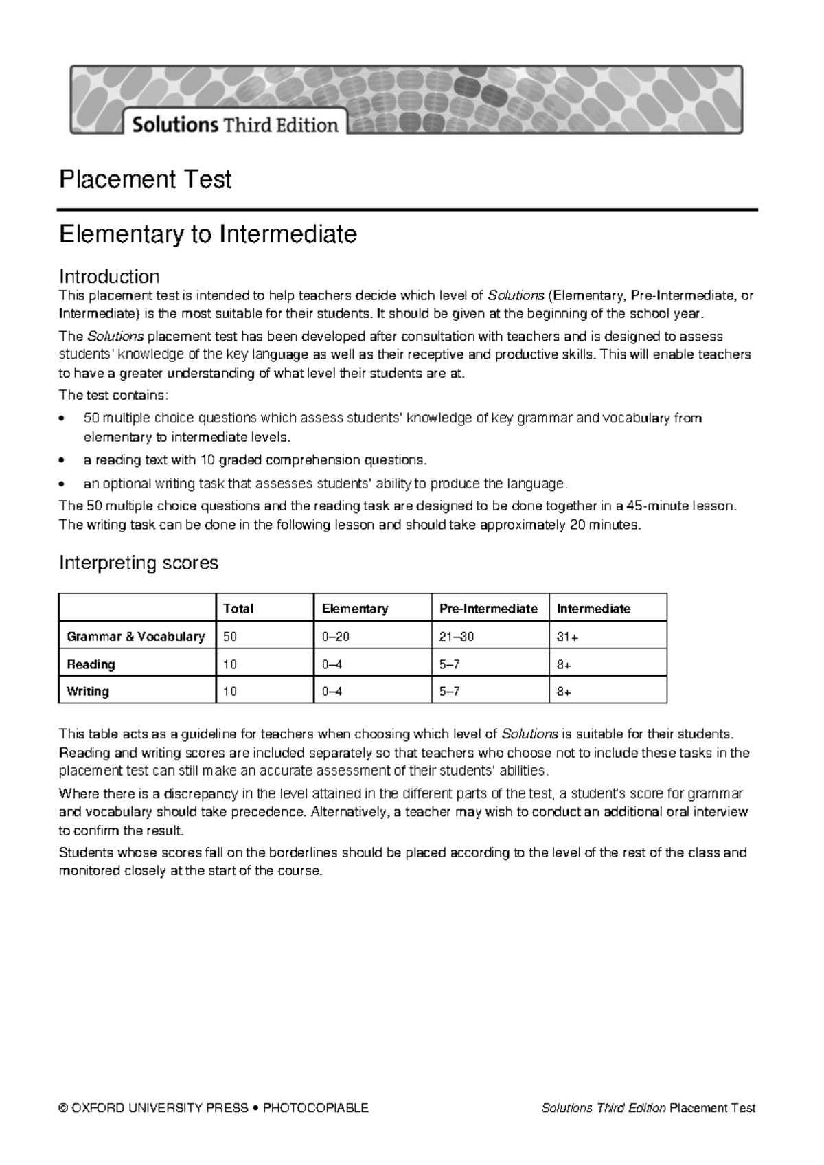 Placement Test (Elementary to Intermediate) - Teacher's Guide - Studocu