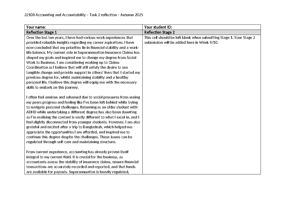 22108 Accounting and Accountability - Reflection 1 - 22108 Accounting ...