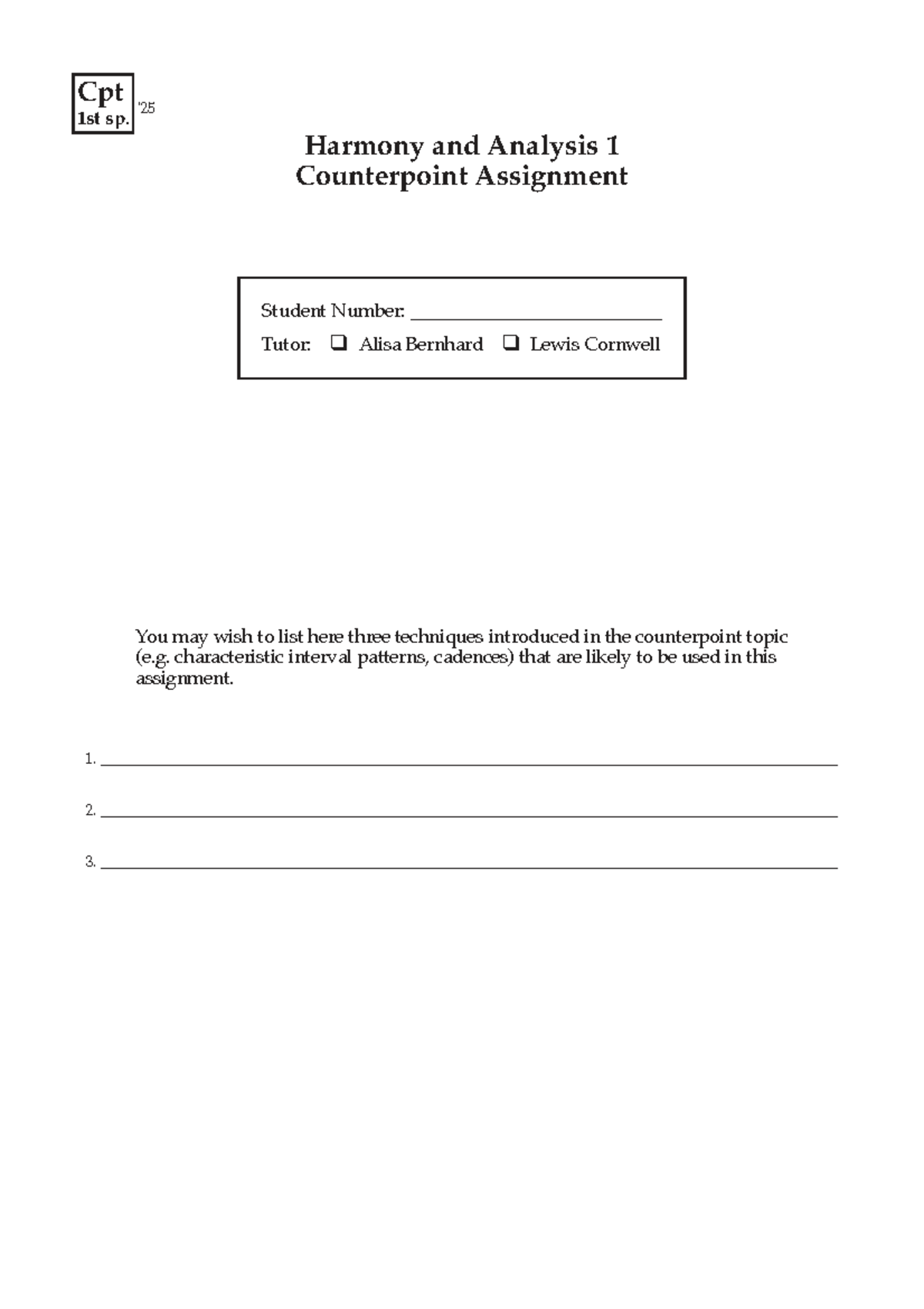 CPT 1st Sp. Harmony & Analysis 1 Counterpoint Assignment Practice - Studocu