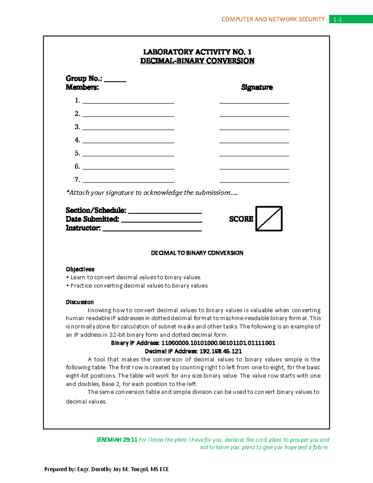 Lab Activity: Decimal to Binary Conversion Exercise – Group No ...