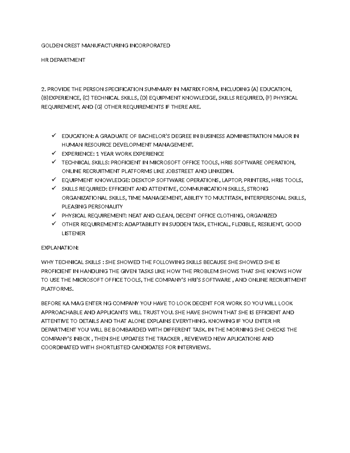 GOLDEN CREST MANUFACTURING INC HR PERSON SPECIFICATION MATRIX - Studocu