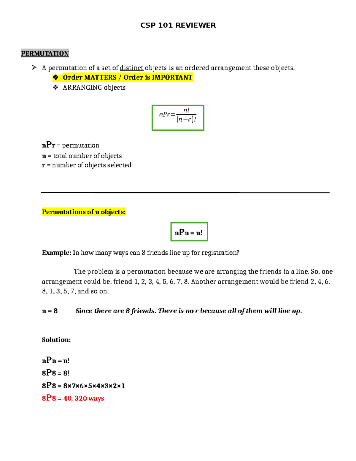 CSP 101 Final Exam Reviewer: Permutations and Probability Concepts ...