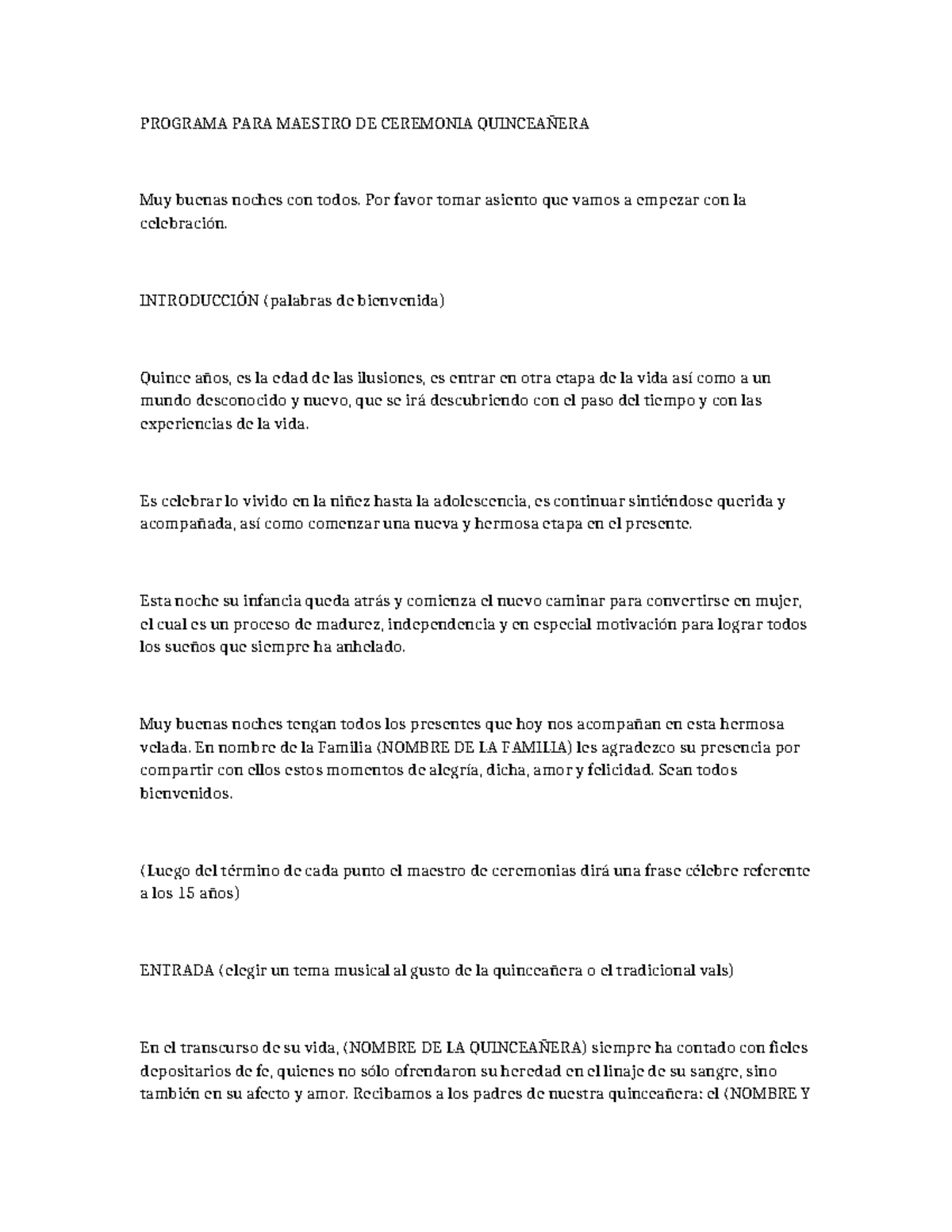 Programa para Maestro de Ceremonia Quinceañera - RESUMEN - Studocu
