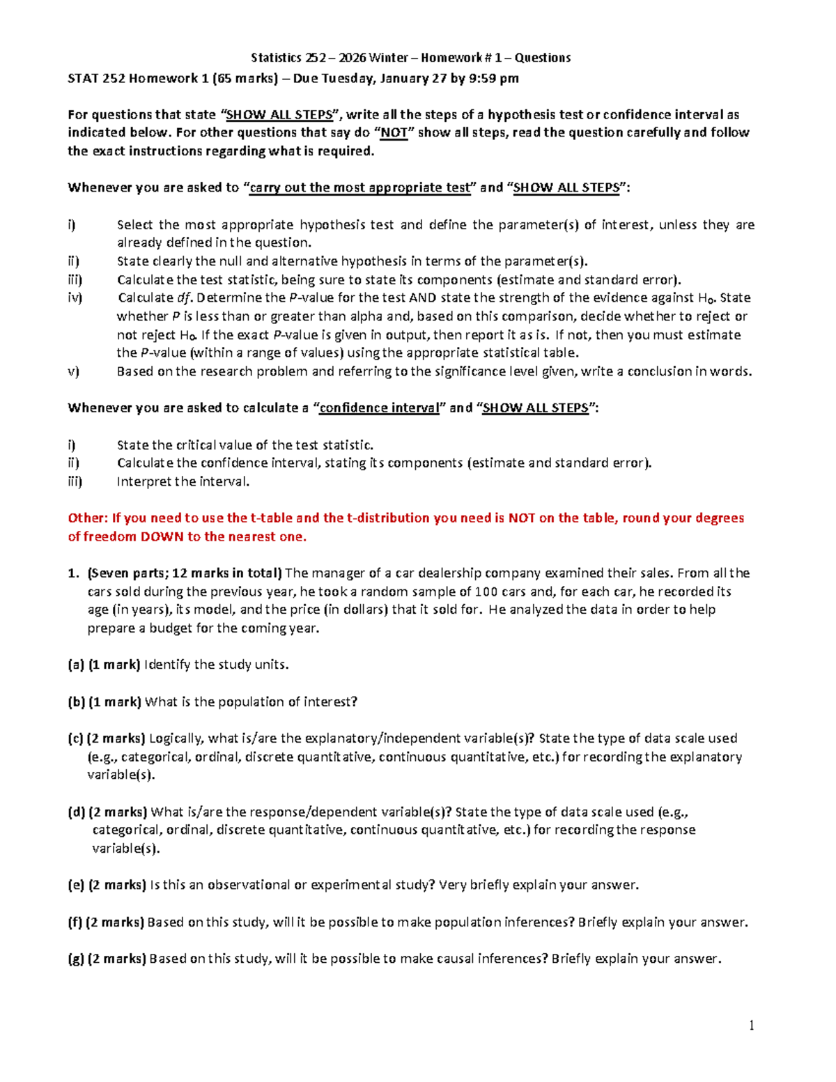 STAT 252 2026 Winter Homework 1: Questions and Analysis - Studocu