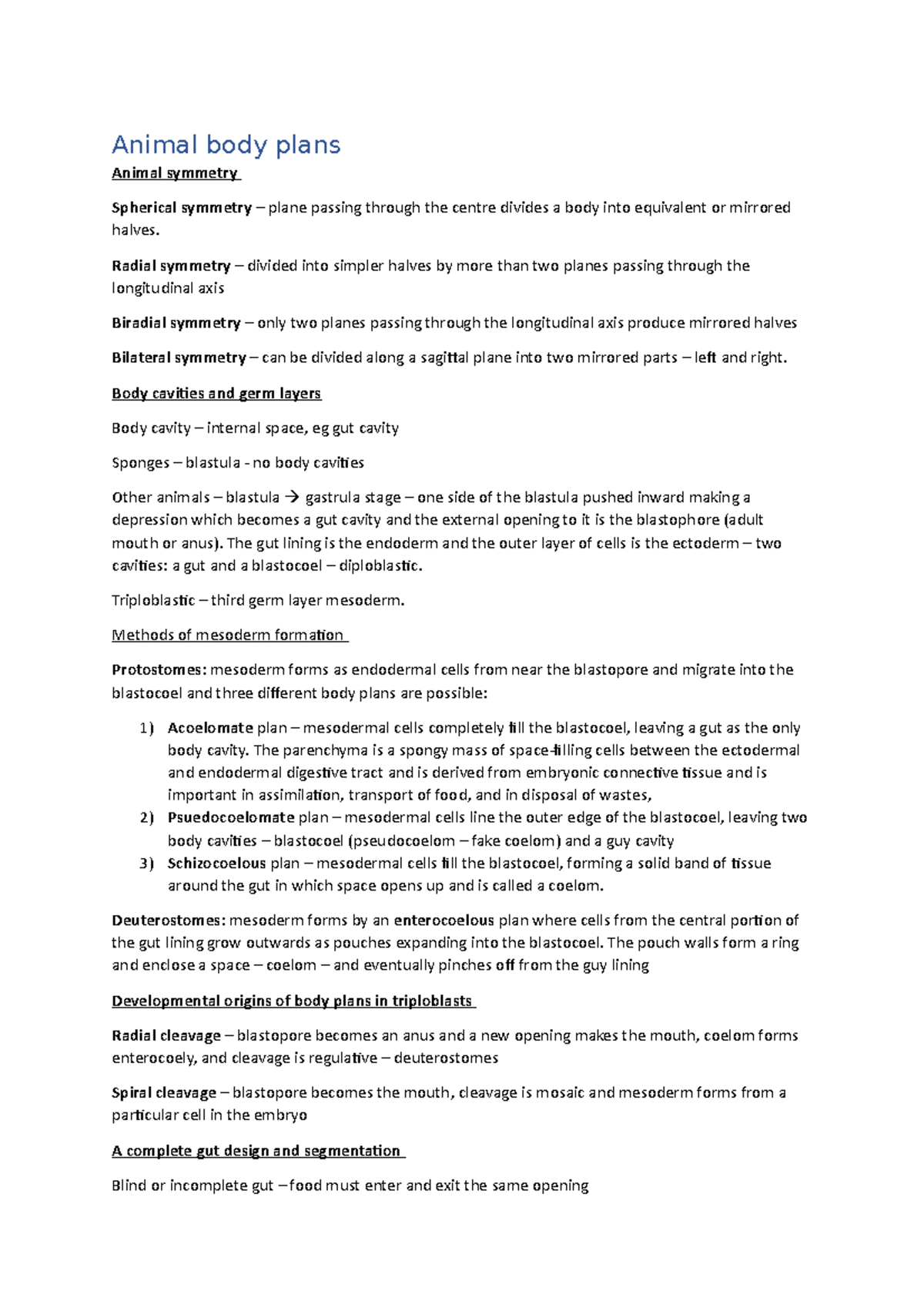 Animal Body Plans Overview - Zoology Summary for Students - Studocu
