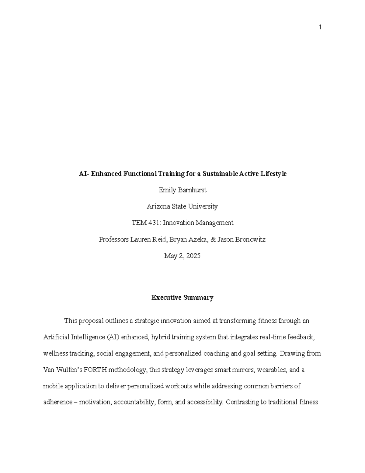 Final Project - TEM 431: AI-Enhanced Fitness Training Innovation - Studocu