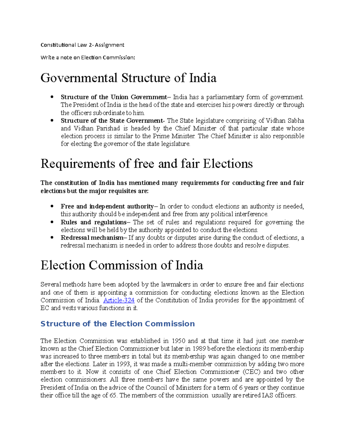 Constitutional Law 2 - Assignment: Role of the Election Commission ...
