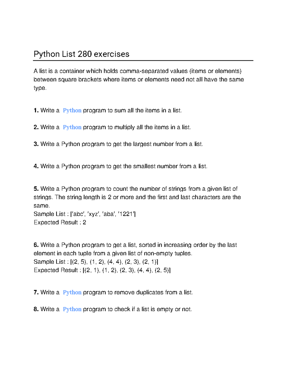 Python List Exercises: 280 Practical Problems and Solutions - Studocu