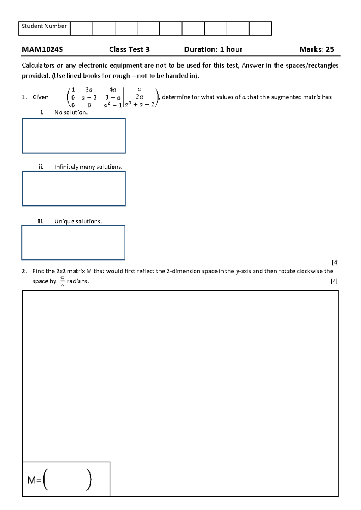 MAM1024S 2022 Class Test 3: Linear Algebra Solutions and Analysis - Studocu