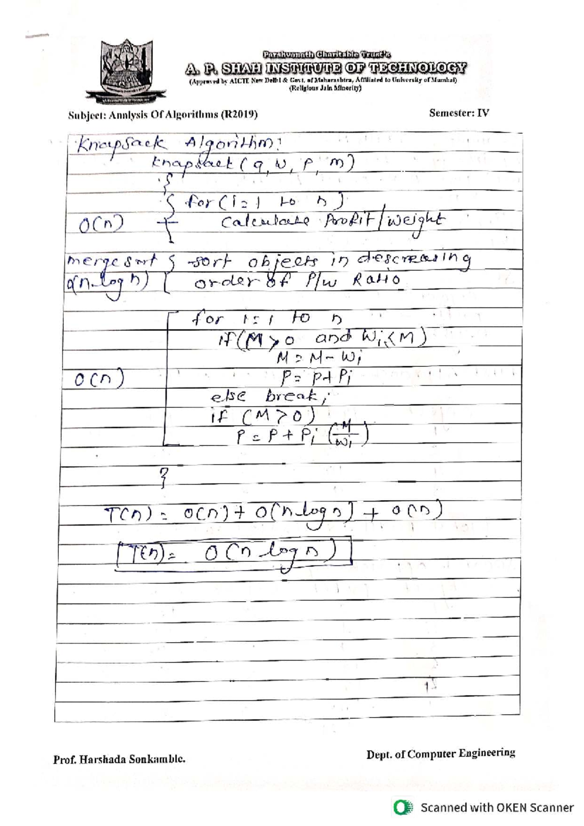 Greedy Knapsack Problem Analysis - Analysis Of Algorithms (R2019) - Studocu