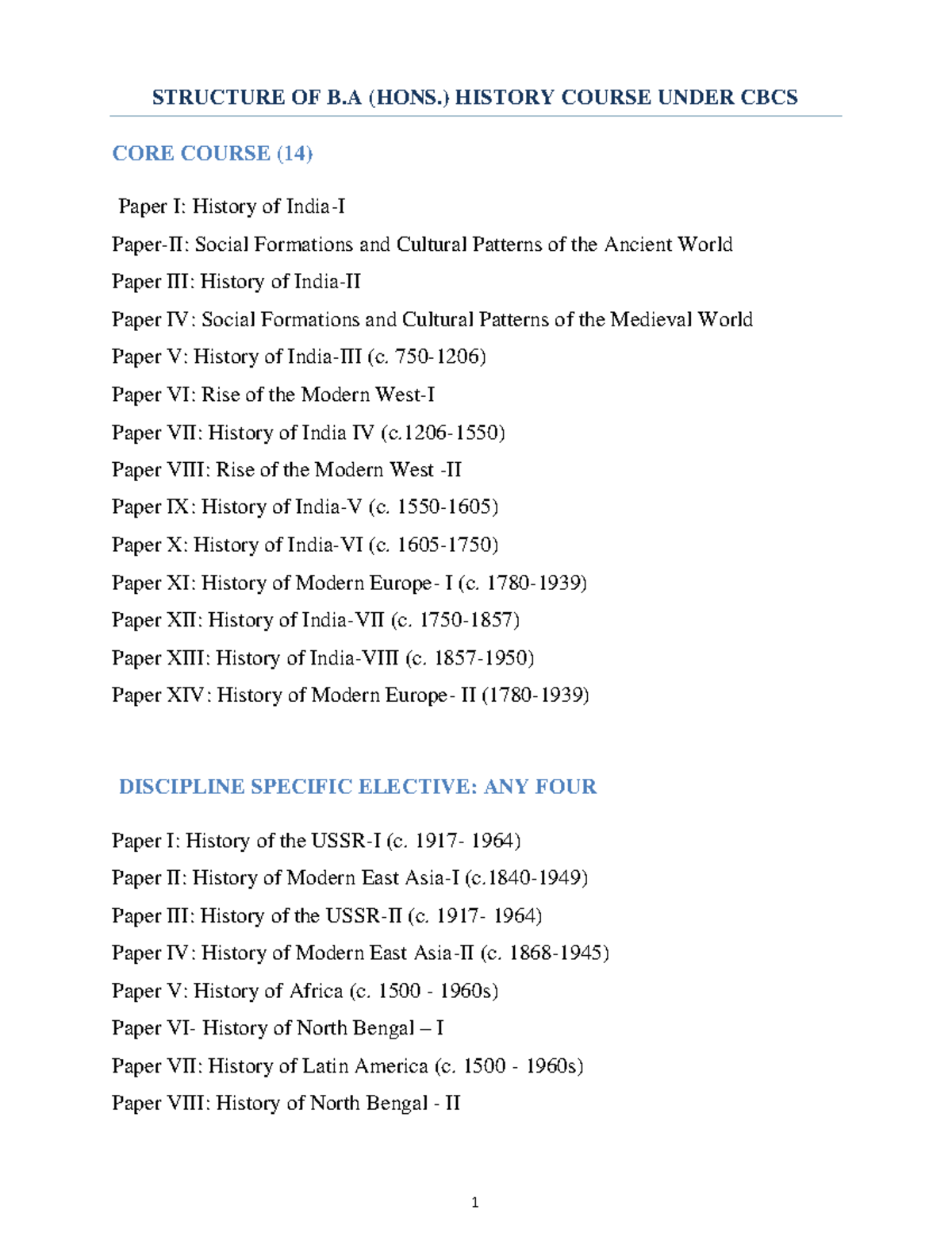 B.A. (Hons.) History Course Structure: Comprehensive Overview - Studocu