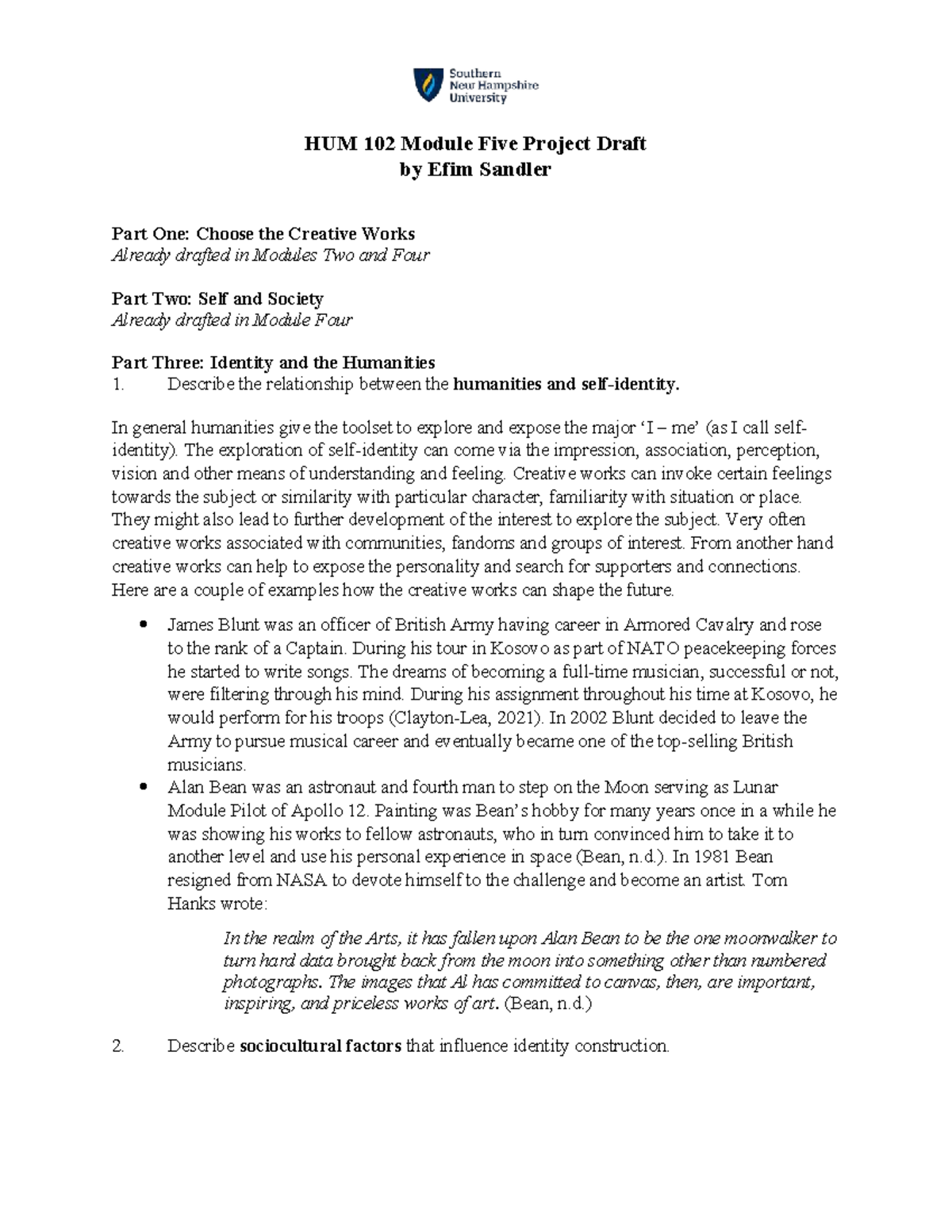 HUM 102 Module Five Project Draft: Exploring Identity & Humanities ...