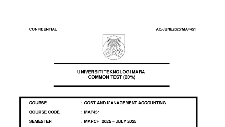 Test MAF451 - Cost and Management Accounting Common Test June 2025 ...