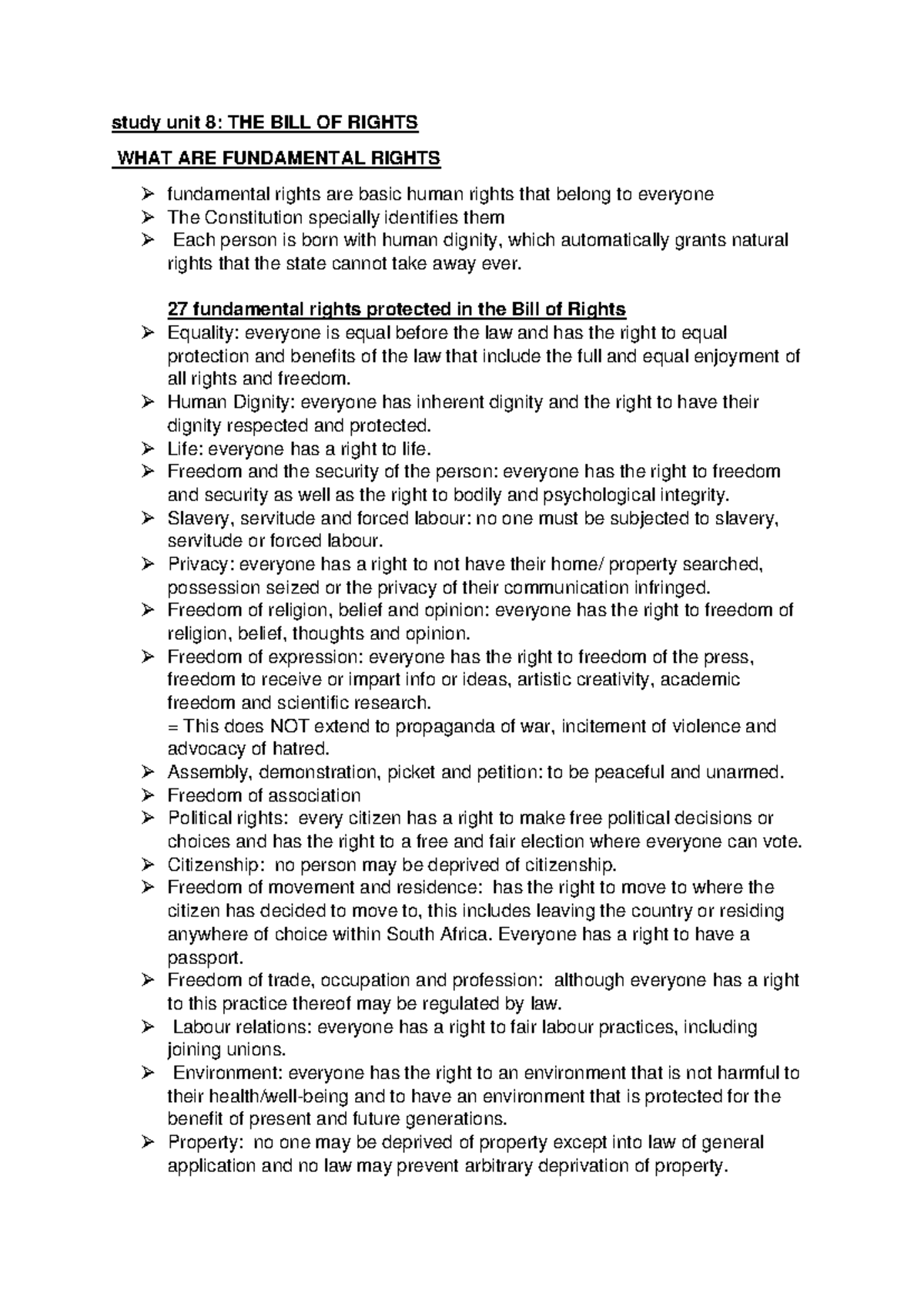 Study Unit 8: Summary of Fundamental Rights in the Bill of Rights - Studocu