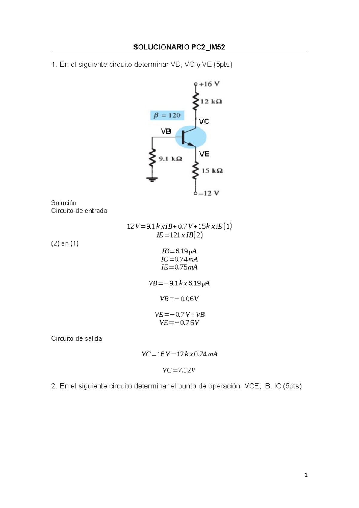 Solucionario PC2 2024 1 IM52: Análisis de Circuitos y Puntos de ...