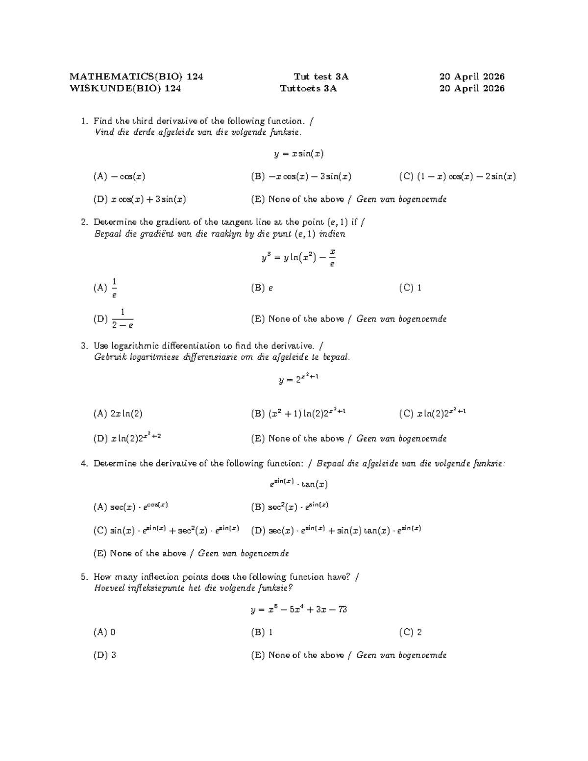 MATHEMATICS(BIO) 124 Tut Test 3 - April 2026 - Studocu
