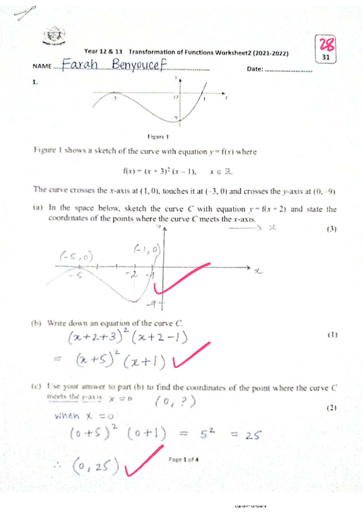 Year 12 13 Transformation of Functions Worksheet 2 Solutions - Studocu