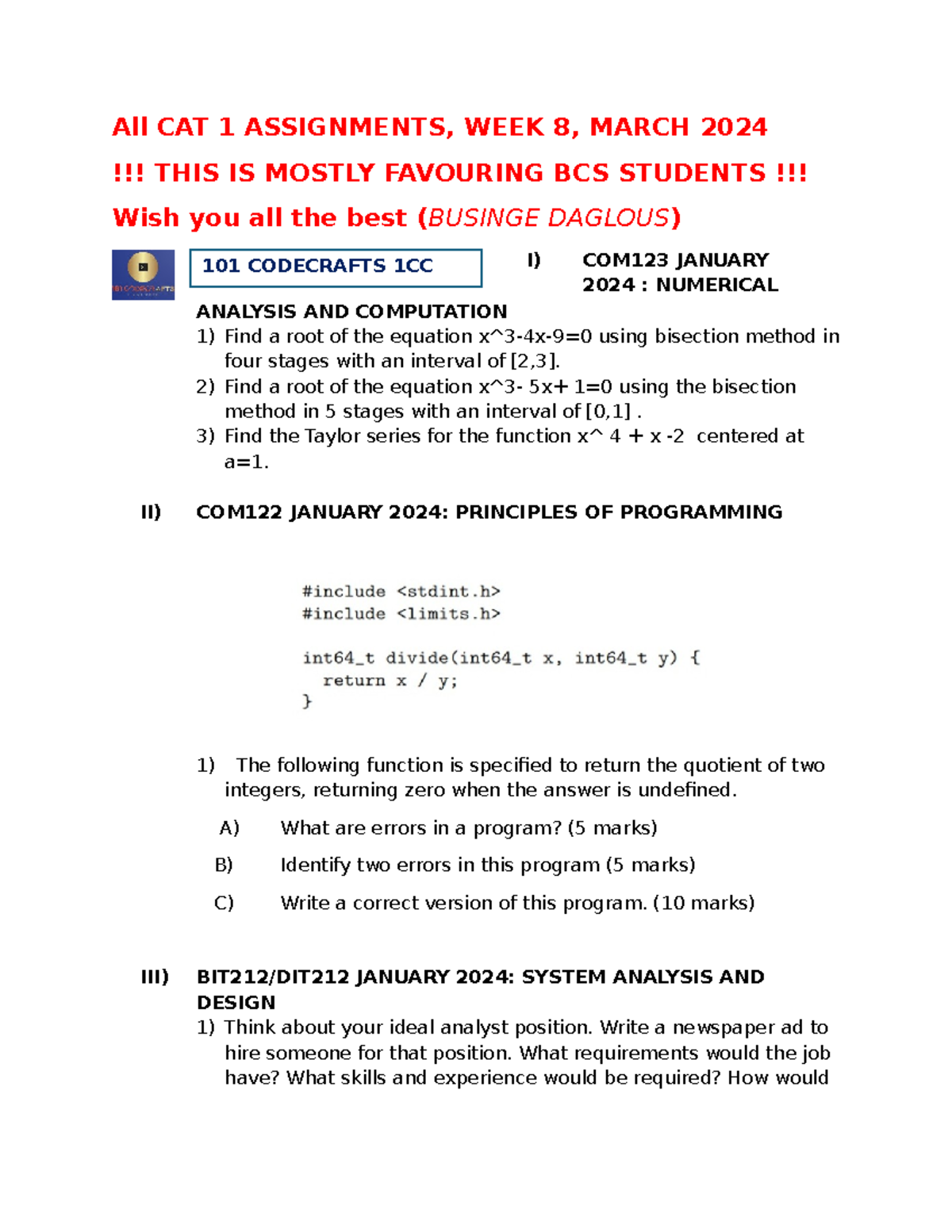 ALL CAT1 Assignment Questions - All CAT 1 ASSIGNMENTS, WEEK 8, MARCH ...