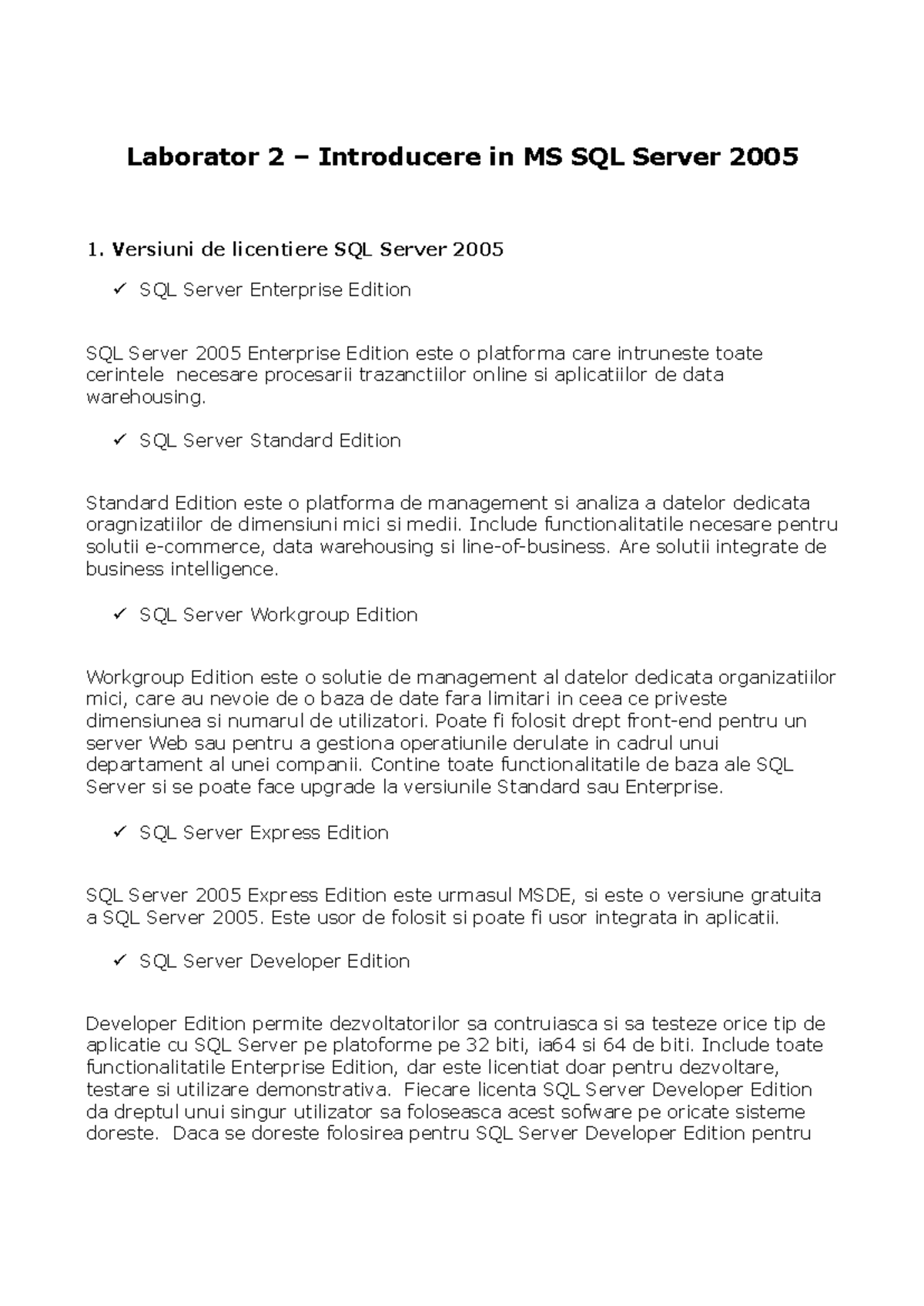 Laborator 2 - Introducere in MS SQL Server (Note de Studii) - Studocu