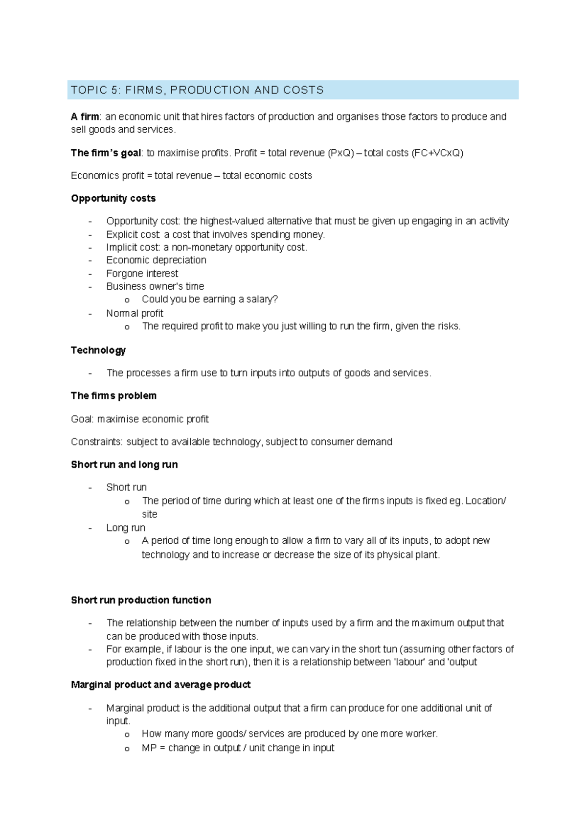 Topic 5: Firms, Production, and Costs - Lecture Notes (ECO 101) - Studocu