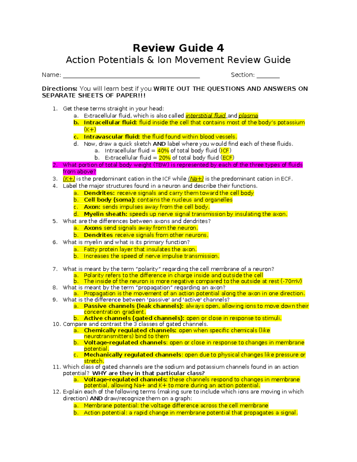 Review Guide 4 Ions, Actional Potential, and Electrolytes - Review ...