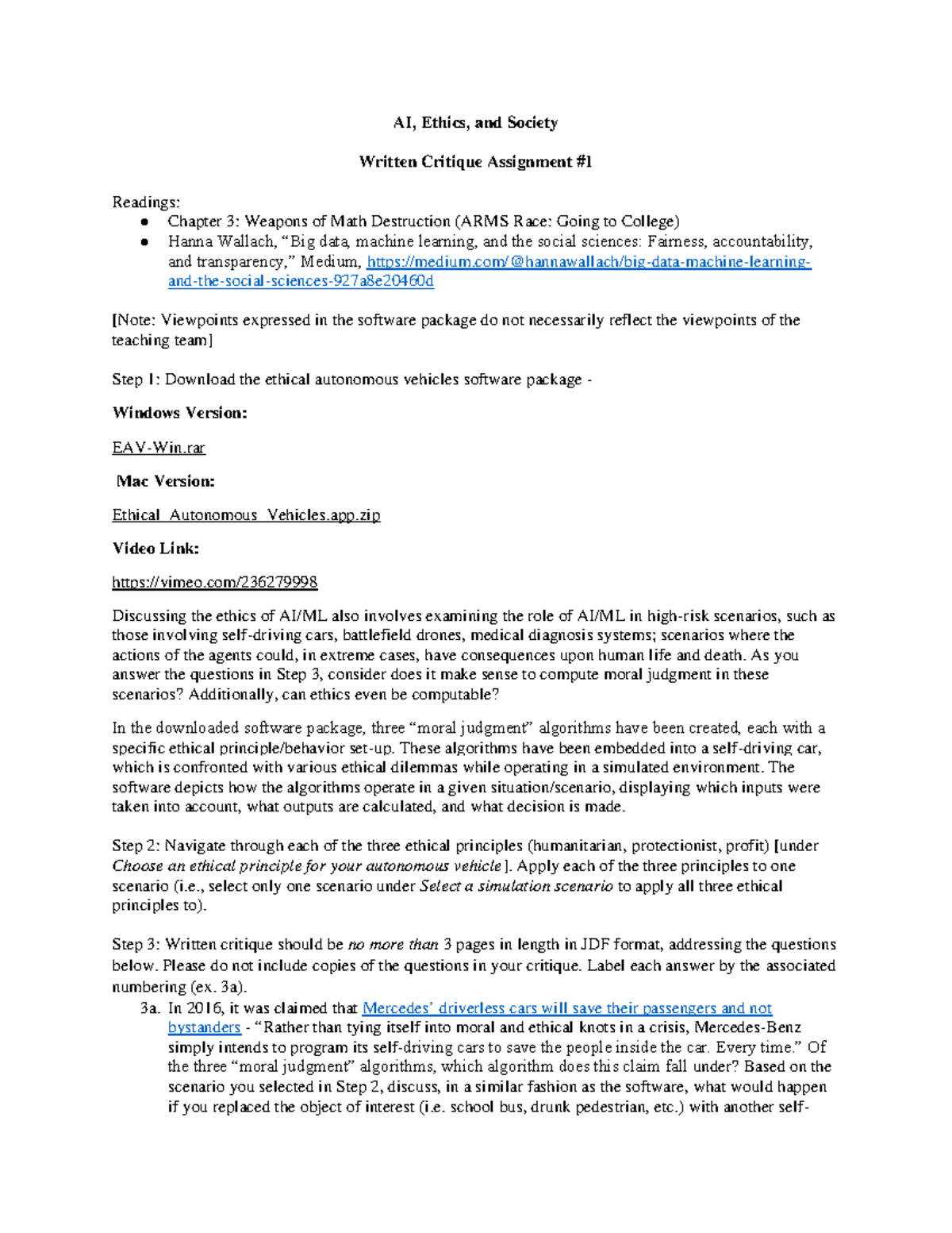 Written Critique 1 - AI Ethics in Autonomous Vehicles (AP-CSA) - Studocu