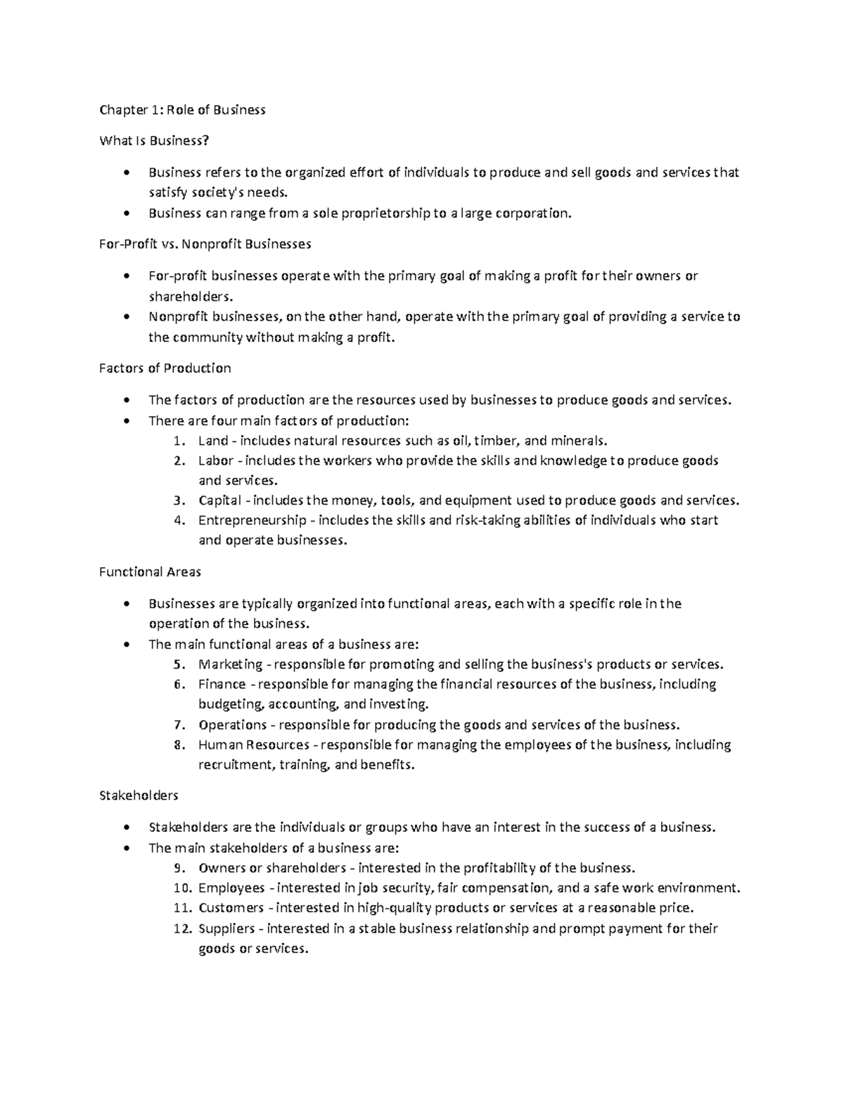 Business CH 1 - Lecture Notes on the Role of Business and Production ...