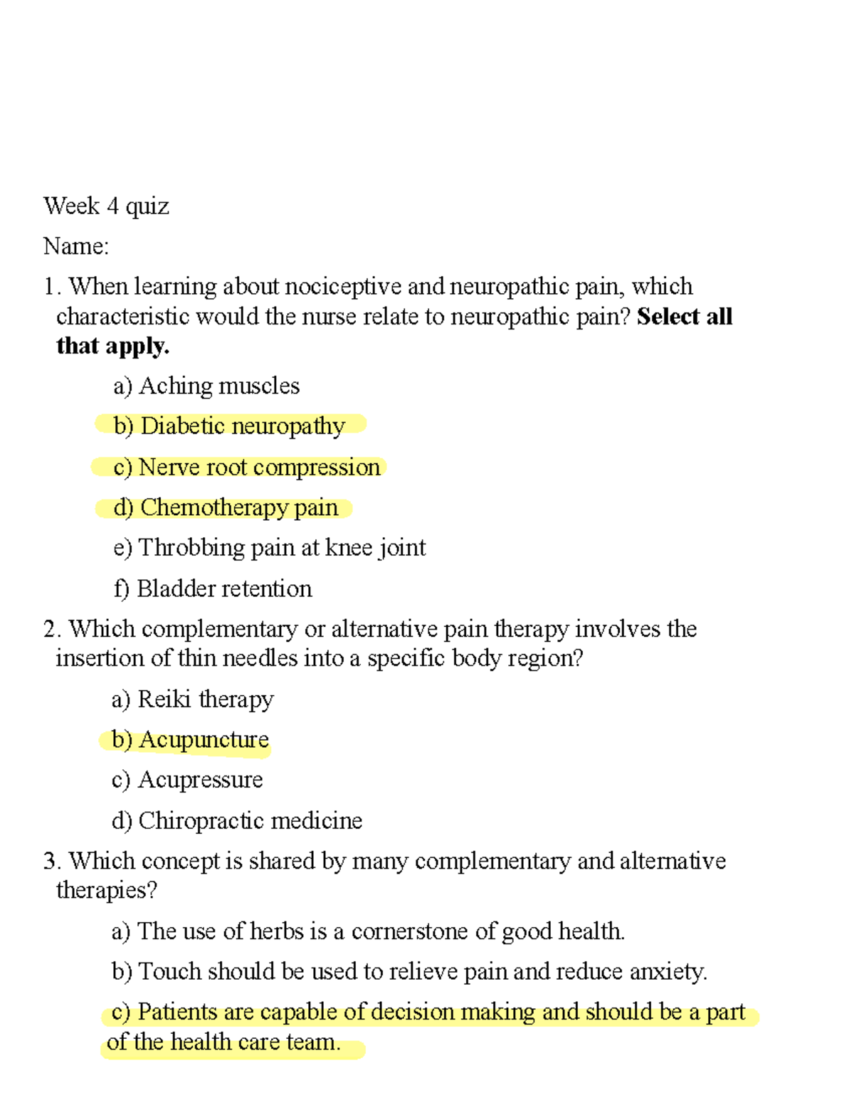 WK4 QUIZ - Pain Management and Alternative Therapies - Studocu